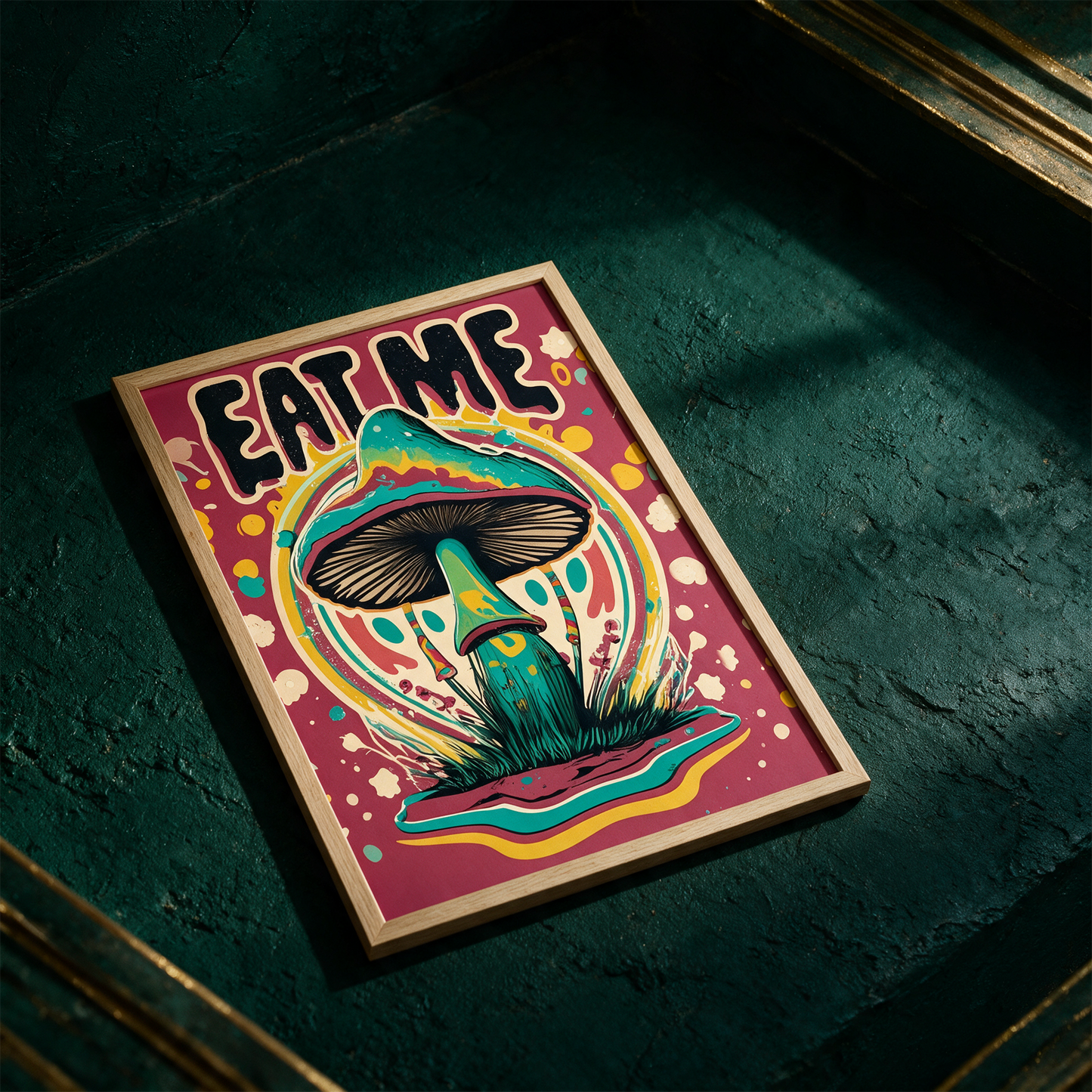 Eat Me - A Colorful Mushroom With Text Art Print â€“ alternative Produktansicht vor tiefem SmaragdgrÃ¼n