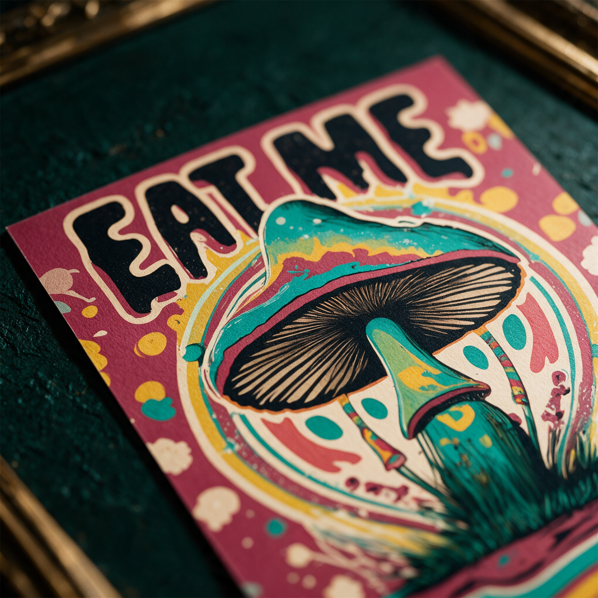 Eat Me - A Colorful Mushroom With Text Art Print â€“ Detailansicht vor tiefem SmaragdgrÃ¼n