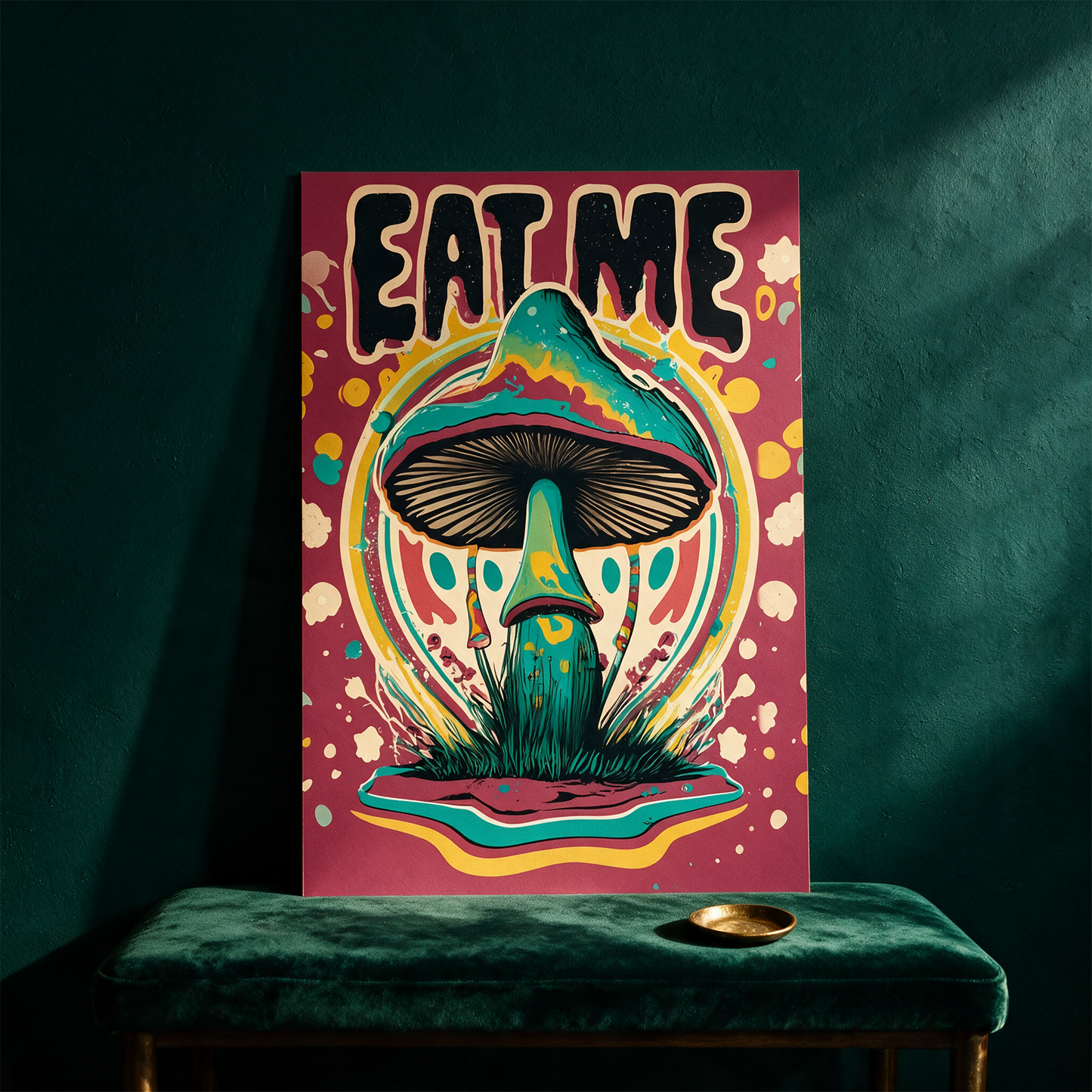 Eat Me - A Colorful Mushroom With Text Art Print â€“ Anwendung vor tiefem SmaragdgrÃ¼n