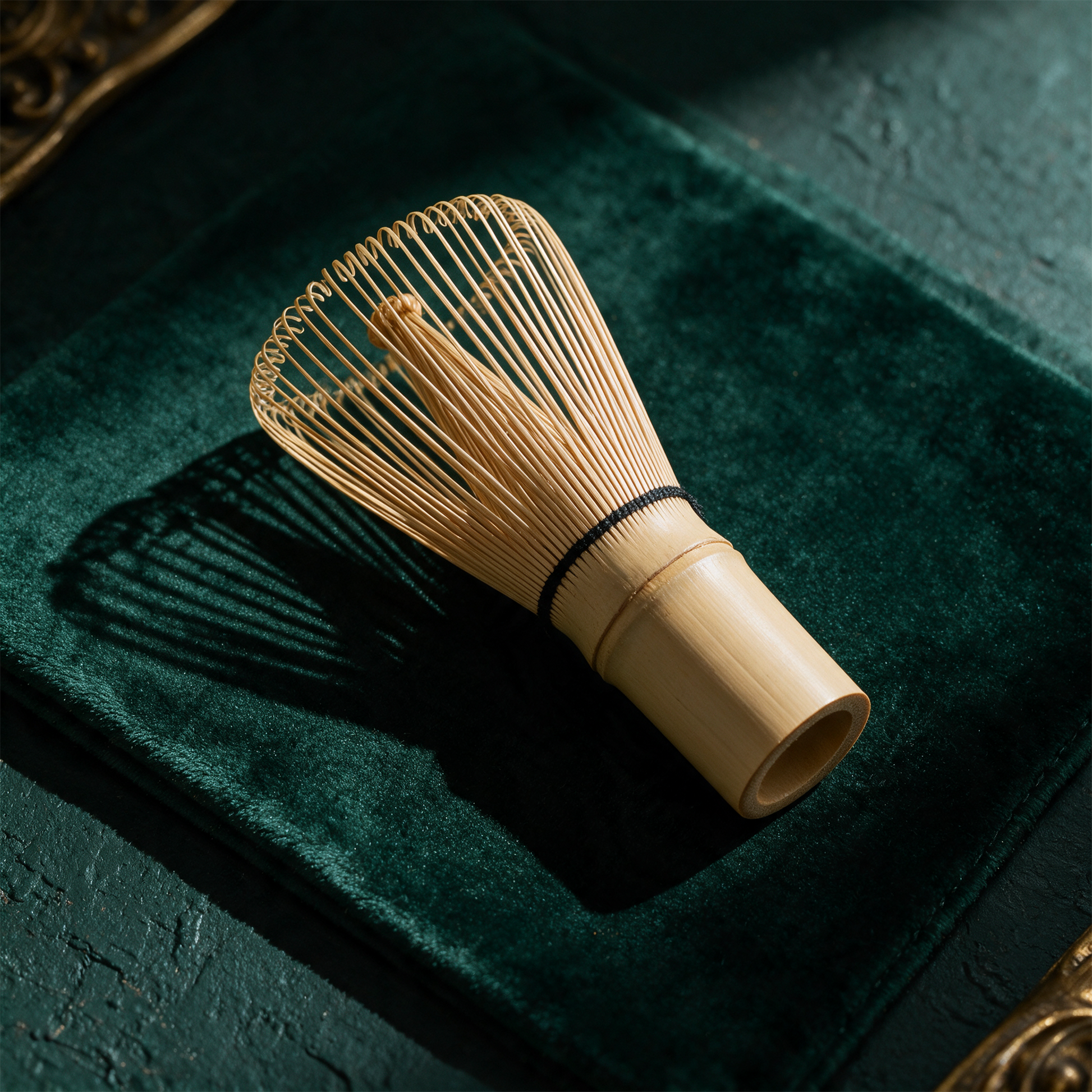 Chasen Matcha-Besen | Traditioneller Bambusbesen fÃ¼r cremigen Schaum â€“ Material- und Setansicht vor tiefem SmaragdgrÃ¼n