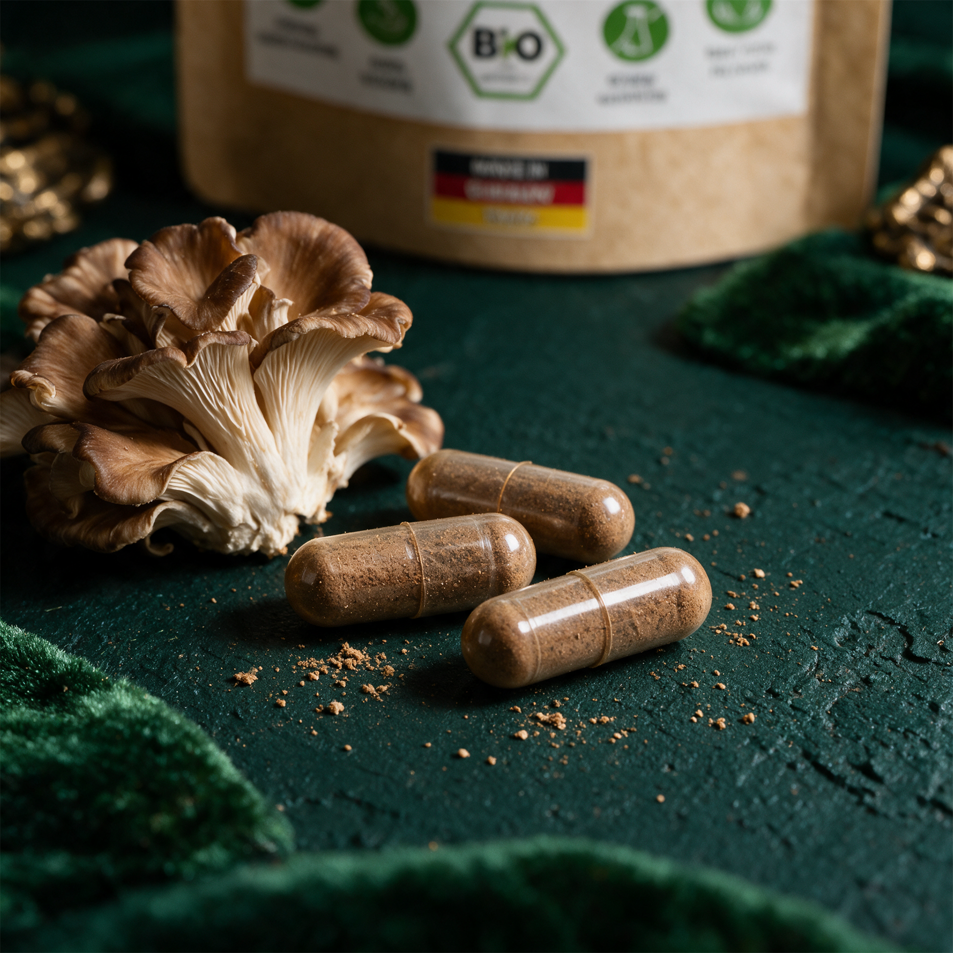 Bio Maitake Kapseln | Vitalpilz Klapperschwamm fÃ¼r bewusste ErnÃ¤hrung â€“ Detailansicht vor tiefem SmaragdgrÃ¼n