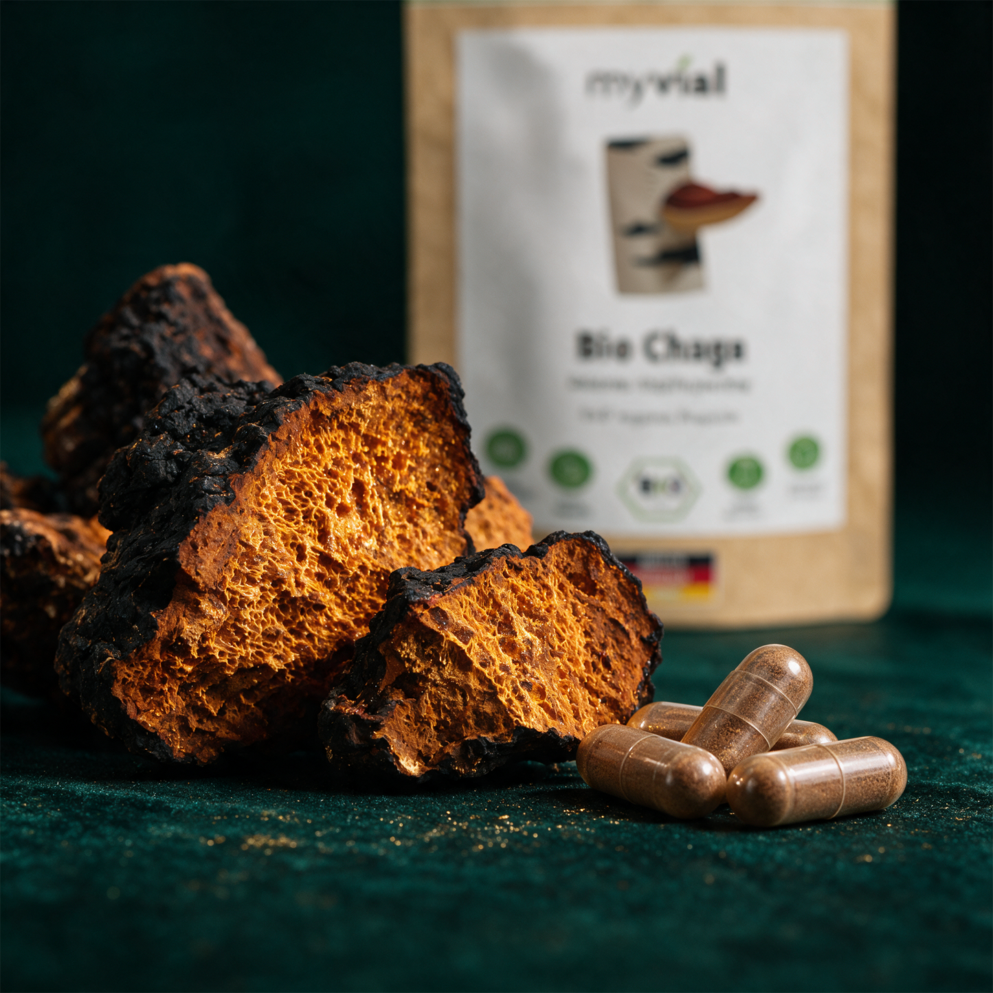 Bio Chaga Kapseln | Vitalpilz der Birke fÃ¼r deine tÃ¤gliche Basis â€“ Detailansicht vor tiefem SmaragdgrÃ¼n