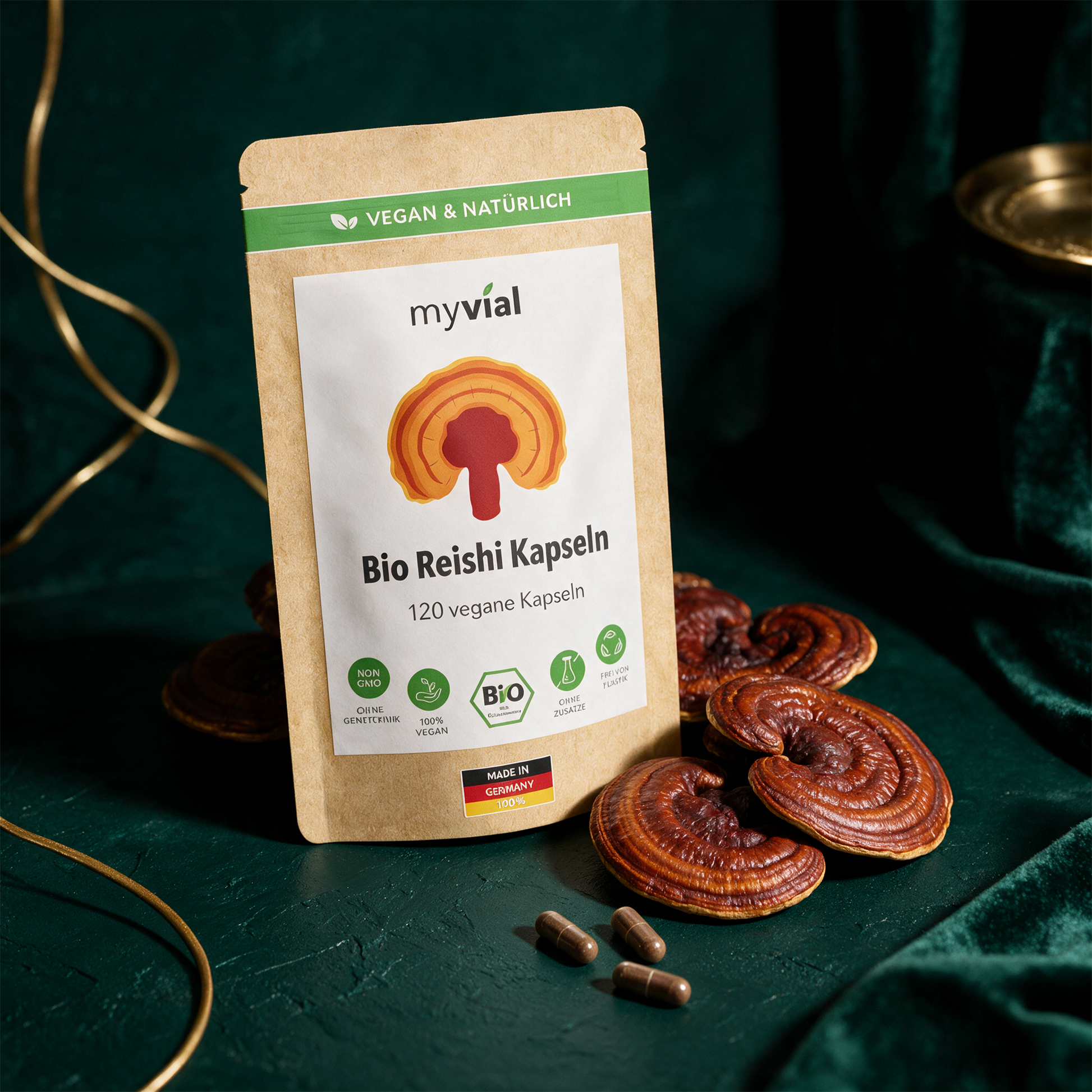 Bio Reishi Kapseln | Vitalpilz aus FruchtkÃ¶rper fÃ¼r ruhige Abende â€“ alternative Produktansicht vor tiefem SmaragdgrÃ¼n