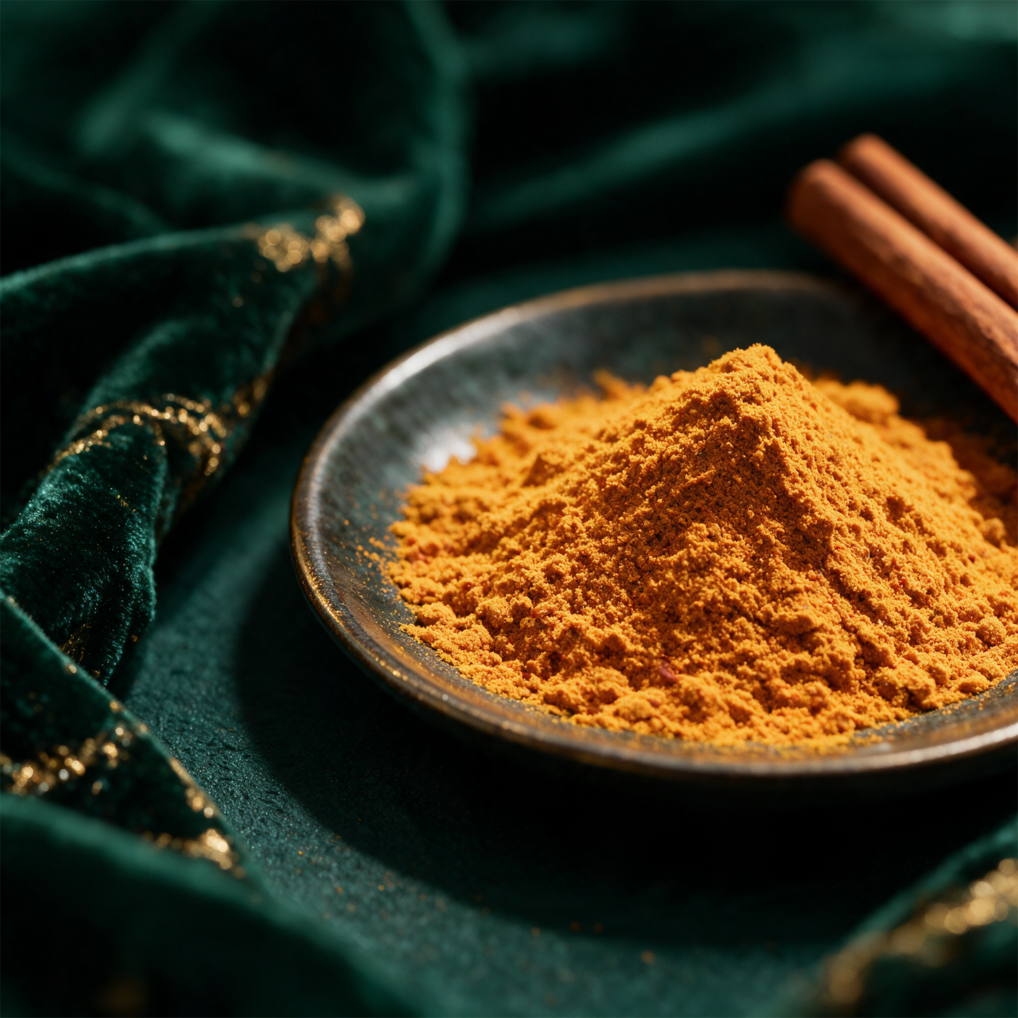 Bio Goldene Milch Latte | 10 ayurvedische Zutaten mit Kurkuma â€“ Detailansicht vor tiefem SmaragdgrÃ¼n