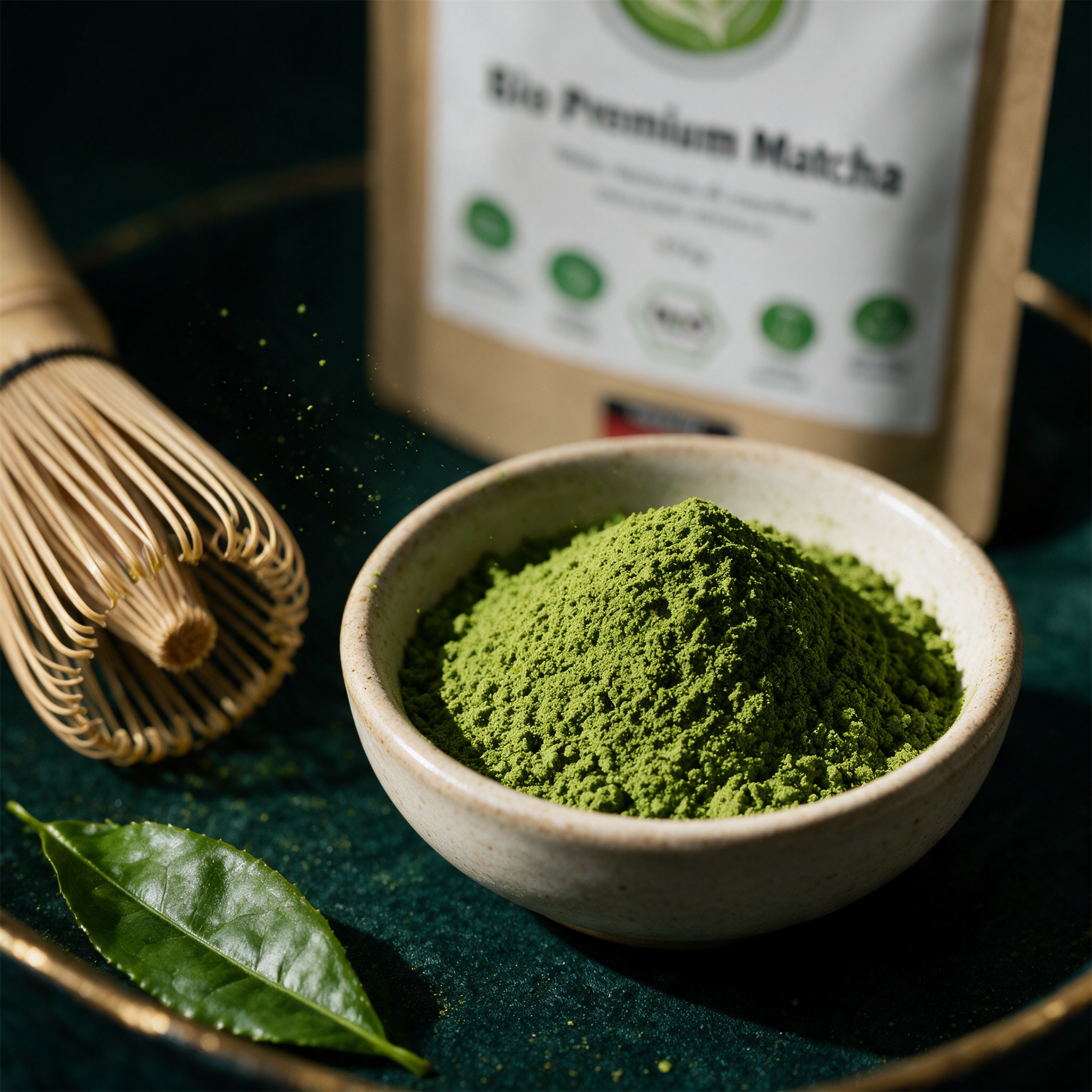 Bio Premium Matcha Pulver | Steingemahlen aus Kagoshima, Japan â€“ Detailansicht vor tiefem SmaragdgrÃ¼n