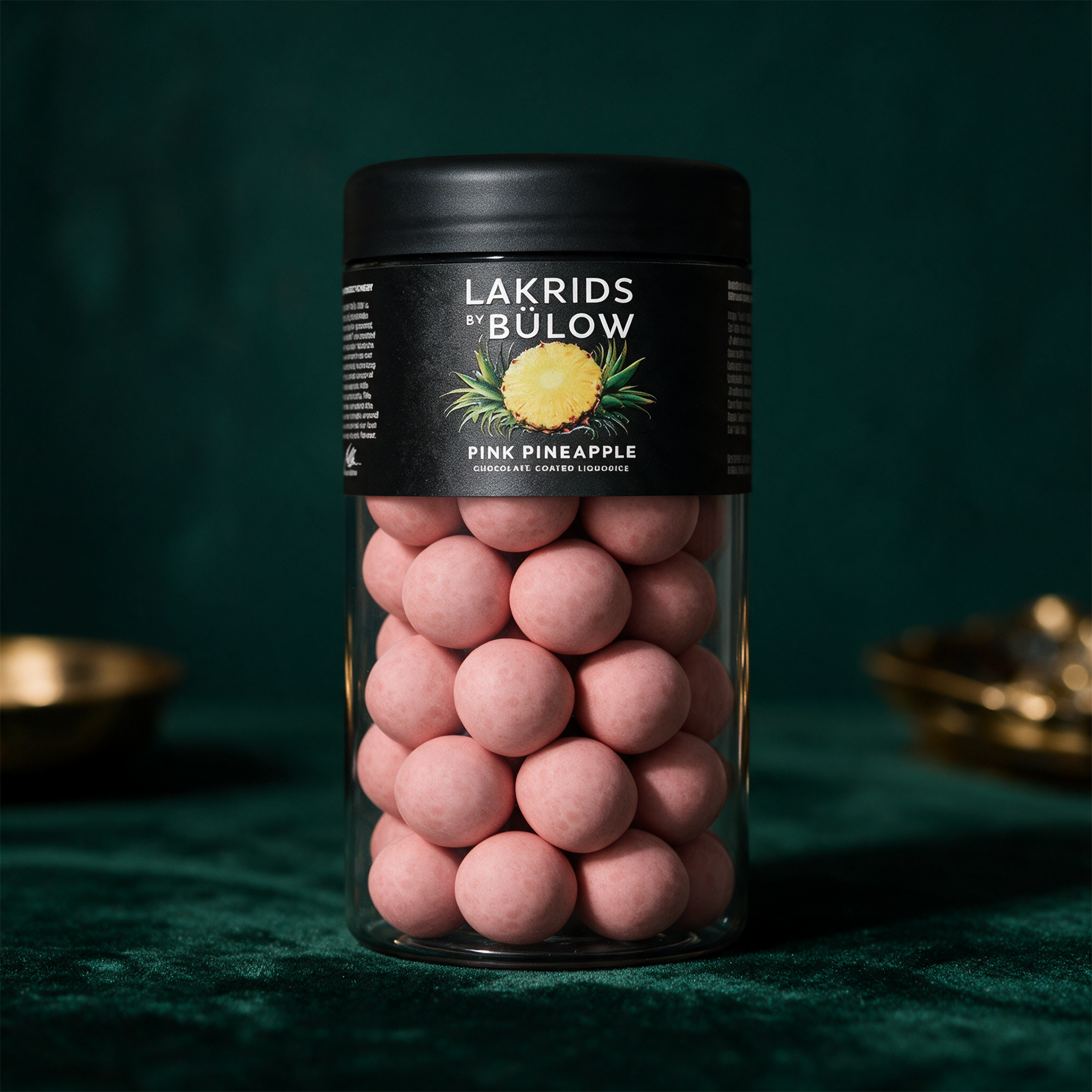 LAKRIDS by BÃ¼low Pink Pineapple | Lakritz mit Ananas & weiÃŸer Schokolade â€“ Detailansicht vor tiefem SmaragdgrÃ¼n