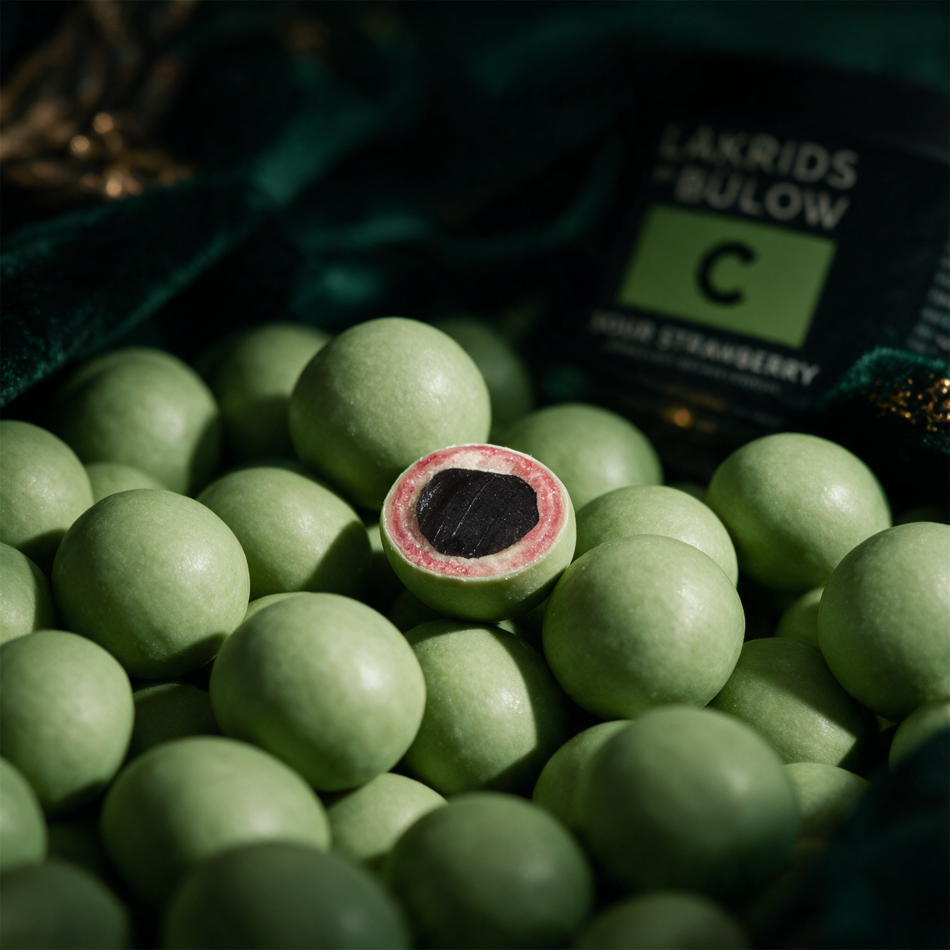 LAKRIDS by BÃ¼low Sour Strawberry | Lakritz in weiÃŸer Schokolade â€“ Detailansicht vor tiefem SmaragdgrÃ¼n