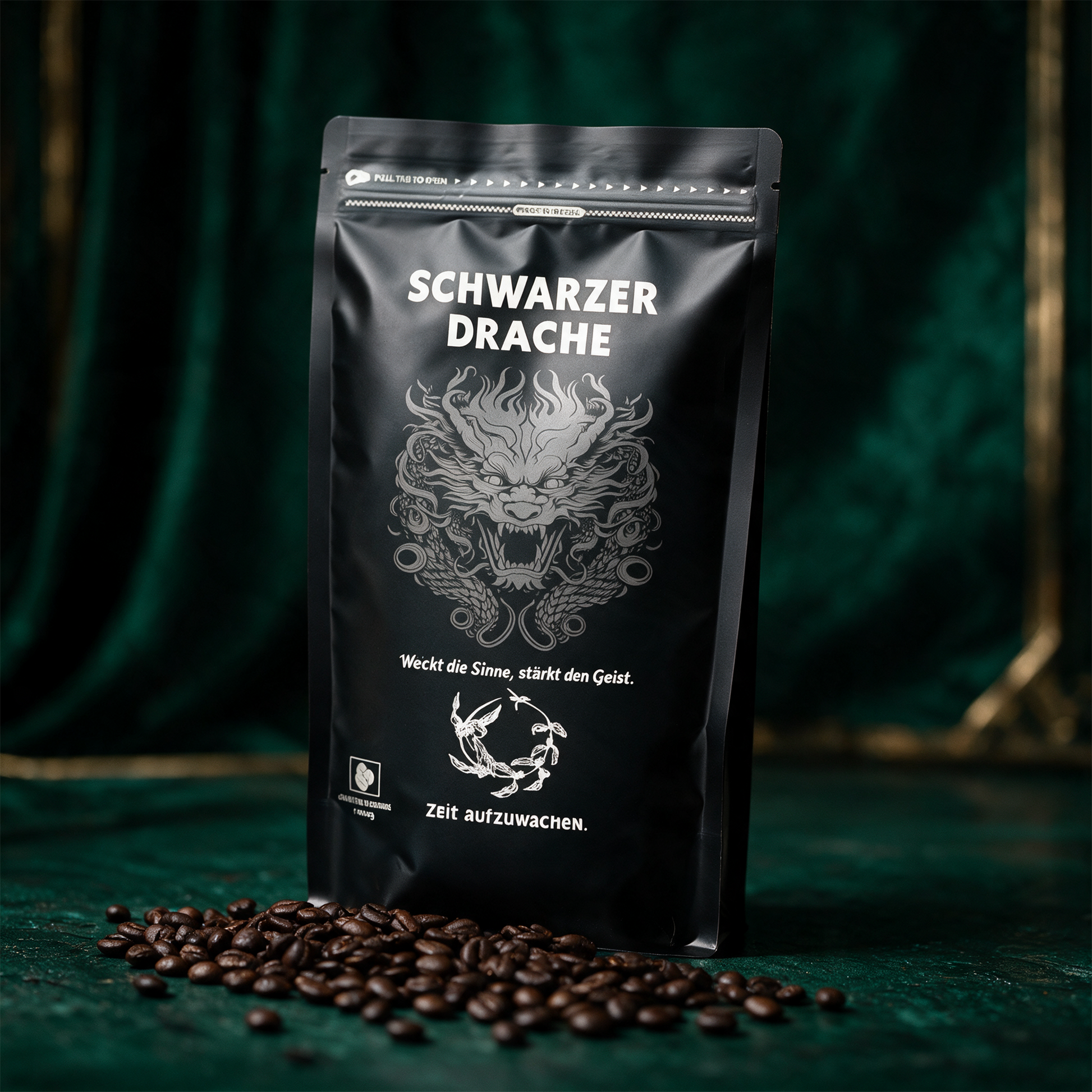 Schwarzer Drache Premium Espresso | 1 kg Hochland-Robusta, ganze Bohne – Detailansicht vor tiefem Smaragdgrün