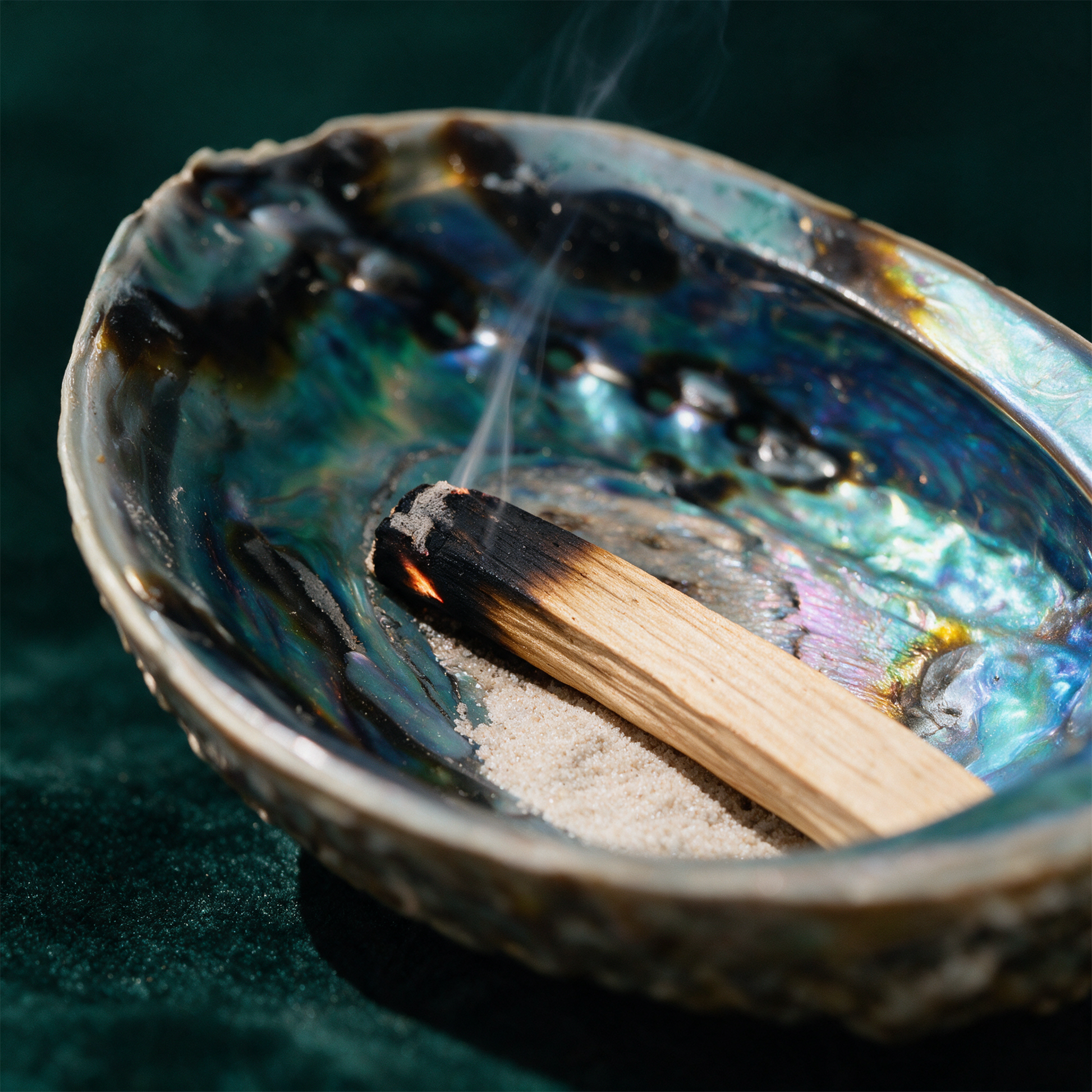 Regenbogen Abalone Paua Muschel | Räucherschale & Ladeschale für Edelsteine – Detailansicht vor tiefem Smaragdgrün