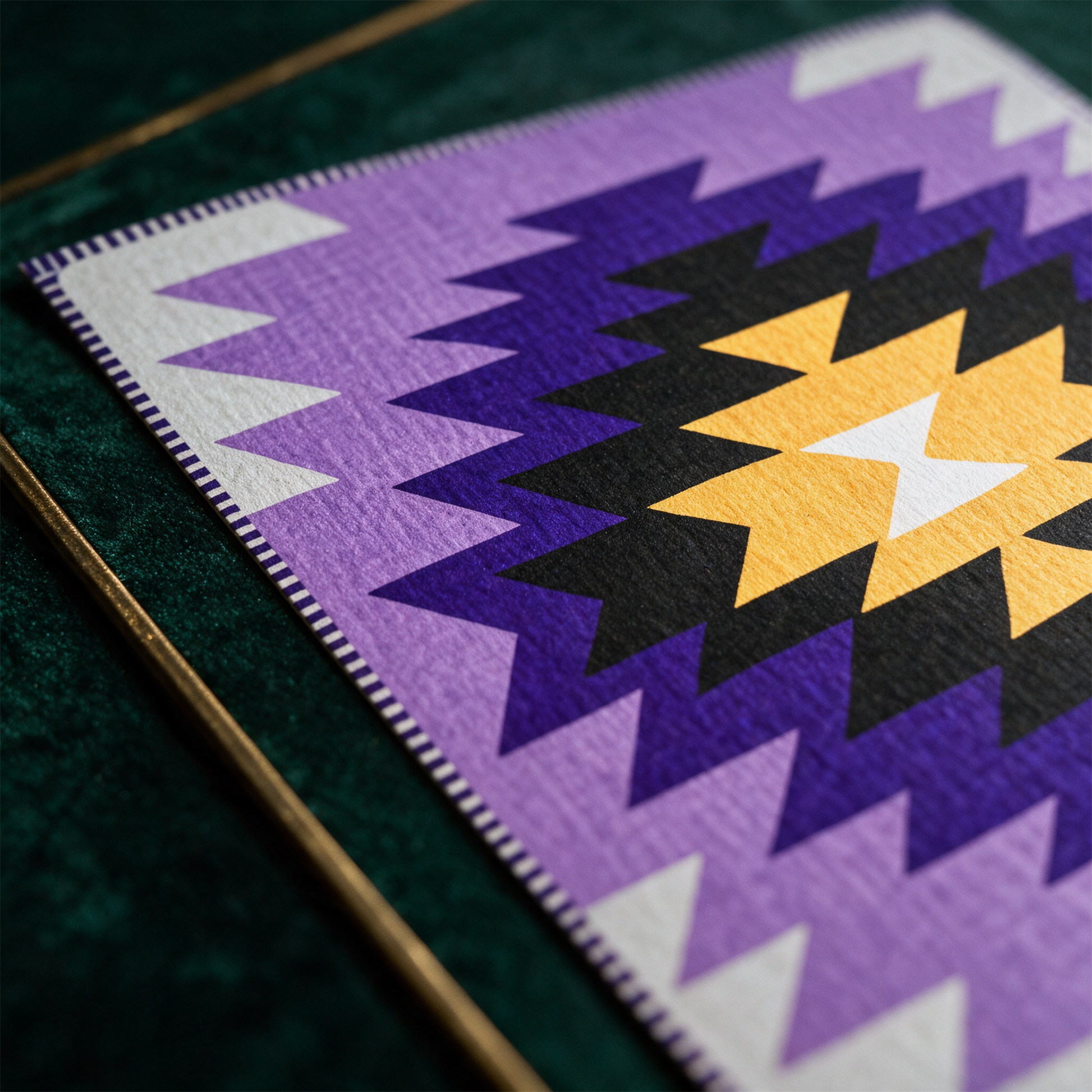 Kunstdruck Kilim Yamka violett | Boho-Wandkunst mit Weblook – Detailansicht vor tiefem Smaragdgrün