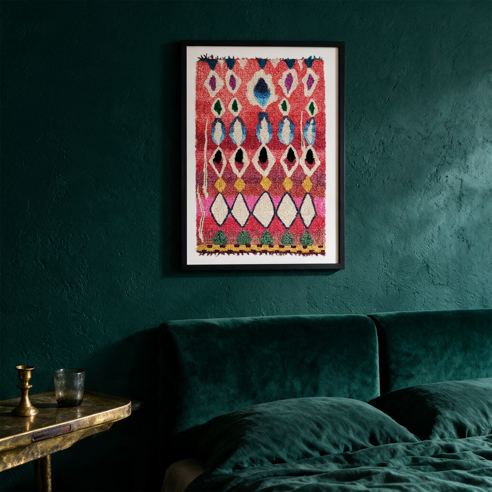 Kunstdruck Berber Rosa No.1 | Boho-Wandkunst im Hochformat – Anwendung vor tiefem Smaragdgrün