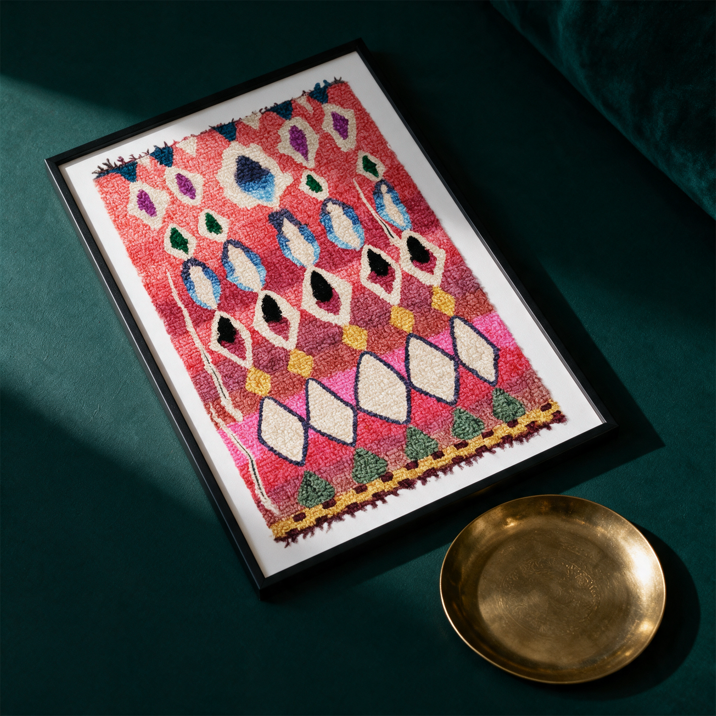 Kunstdruck Berber Rosa No.1 | Boho-Wandkunst im Hochformat – Material- und Setansicht vor tiefem Smaragdgrün