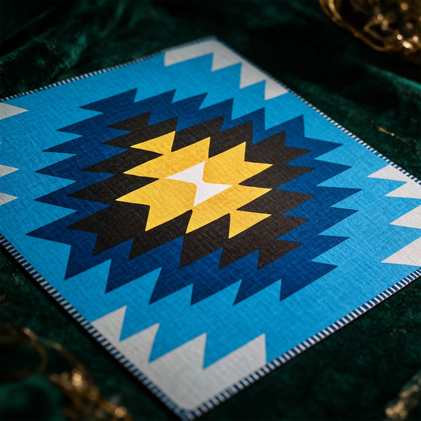 Kunstdruck Kilim Yamka azurblau | Boho-Wandkunst mit Weblook – Detailansicht vor tiefem Smaragdgrün