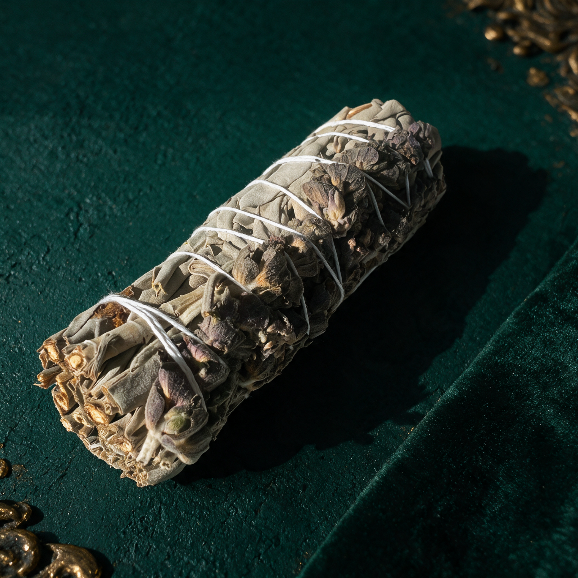 Weisser Salbei & Lavendel Räucherbündel – Material- und Setansicht vor tiefem Smaragdgrün