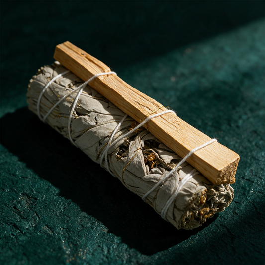 Weißer Salbei & Palo Santo Räucherbündel – Detailansicht vor tiefem Smaragdgrün