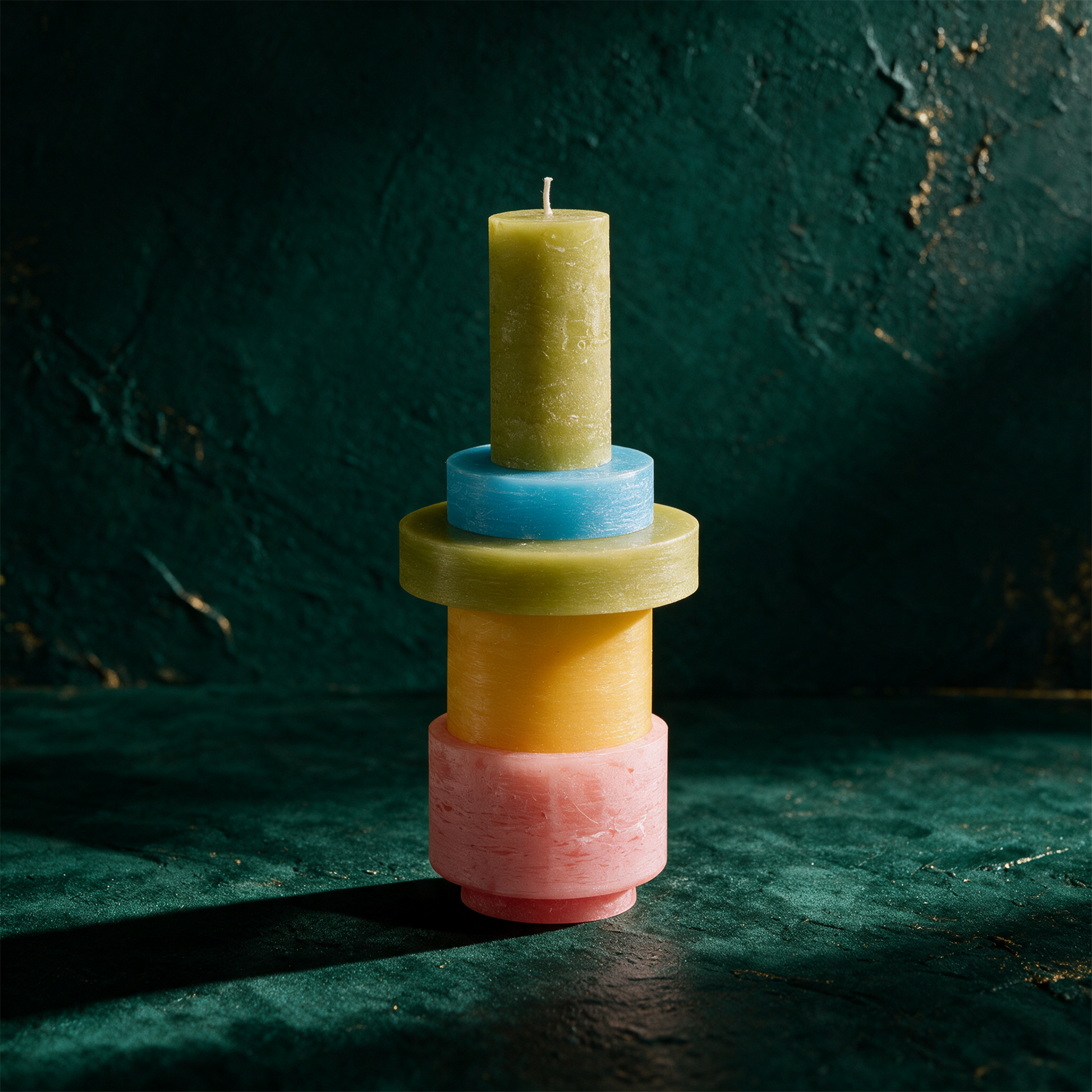 CANDLE STACK 03 - Pink and YELLOW – Produktansicht vor tiefem Smaragdgrün