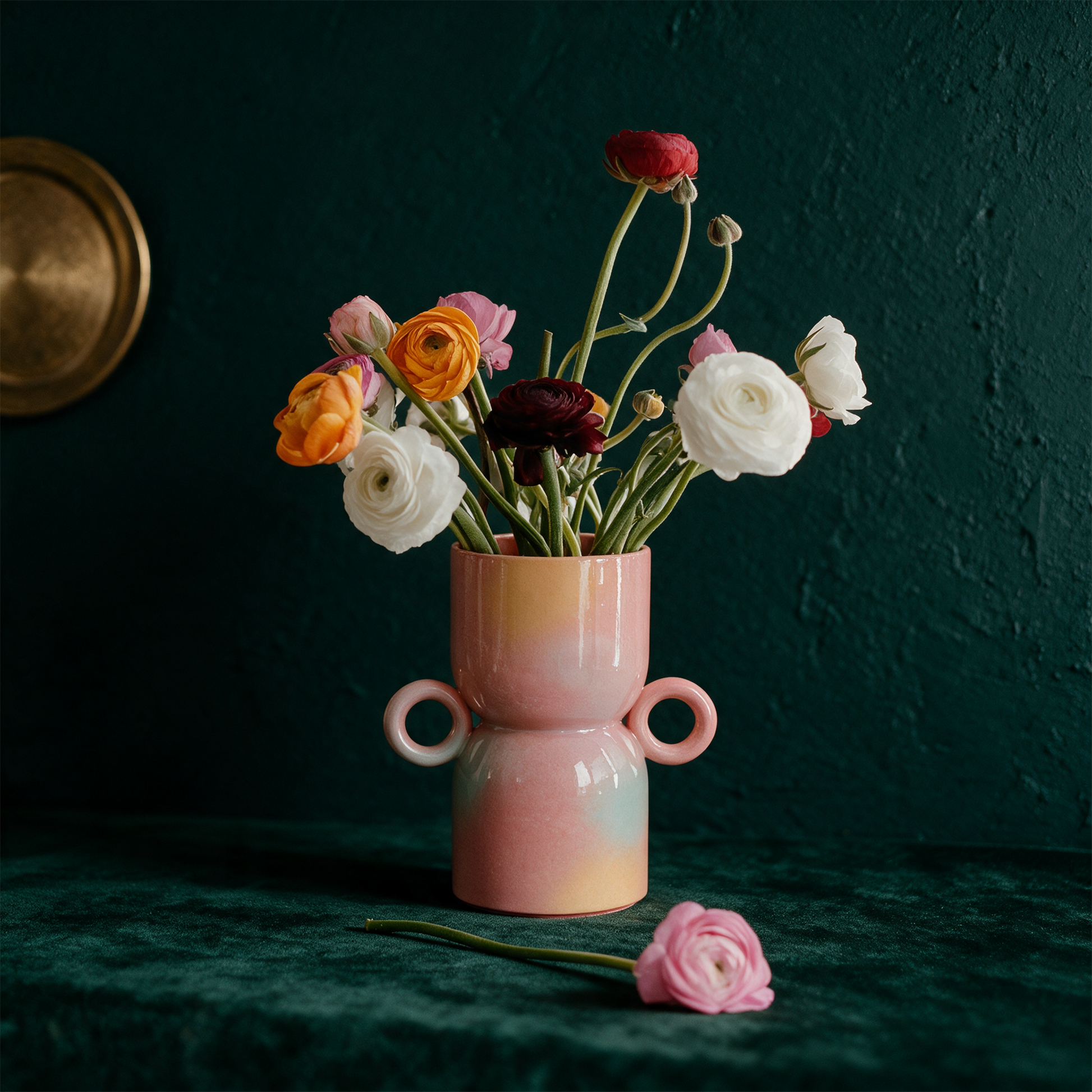 EUPHORIA FLOWER VASE – Produktansicht vor tiefem Smaragdgrün