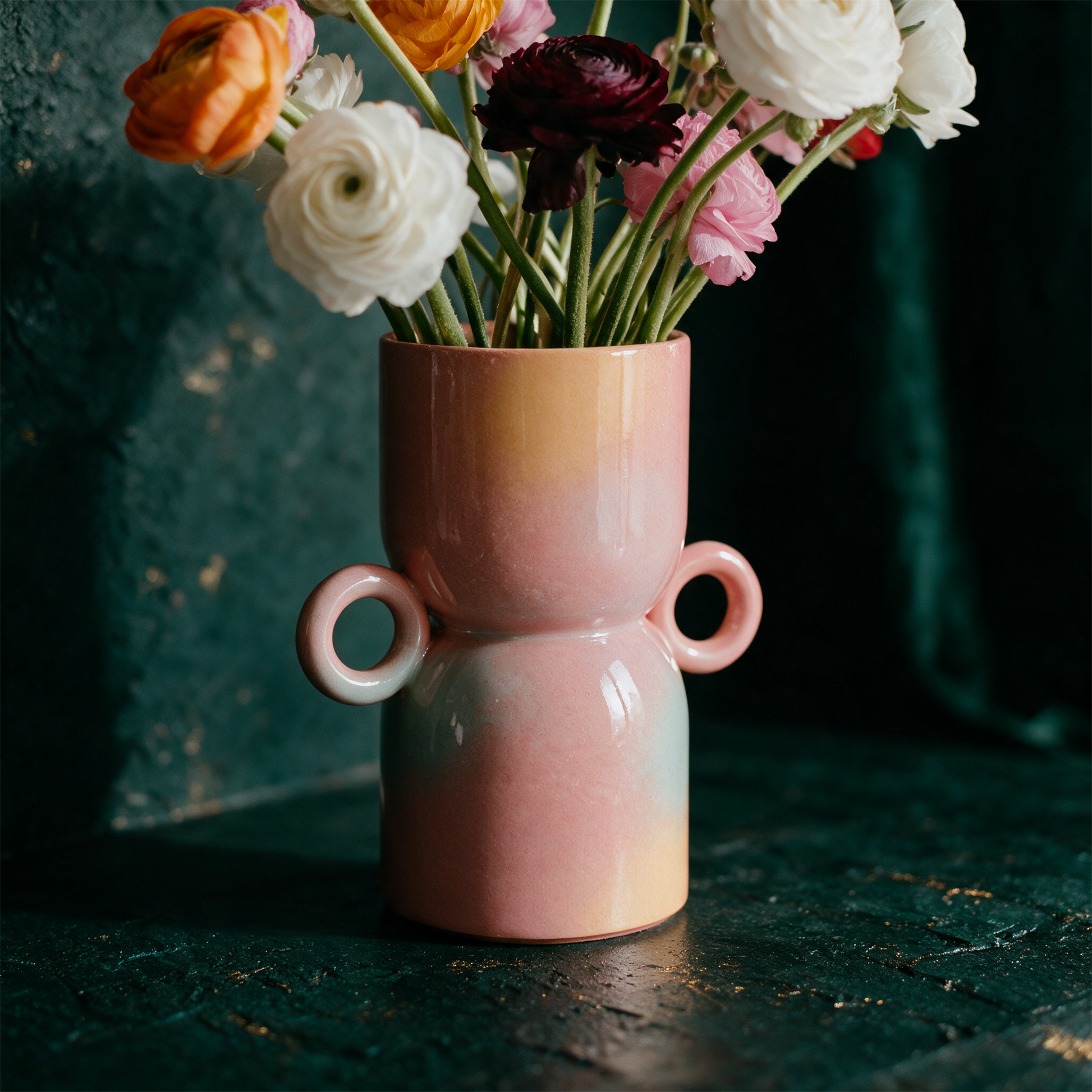 EUPHORIA FLOWER VASE – Detailansicht vor tiefem Smaragdgrün