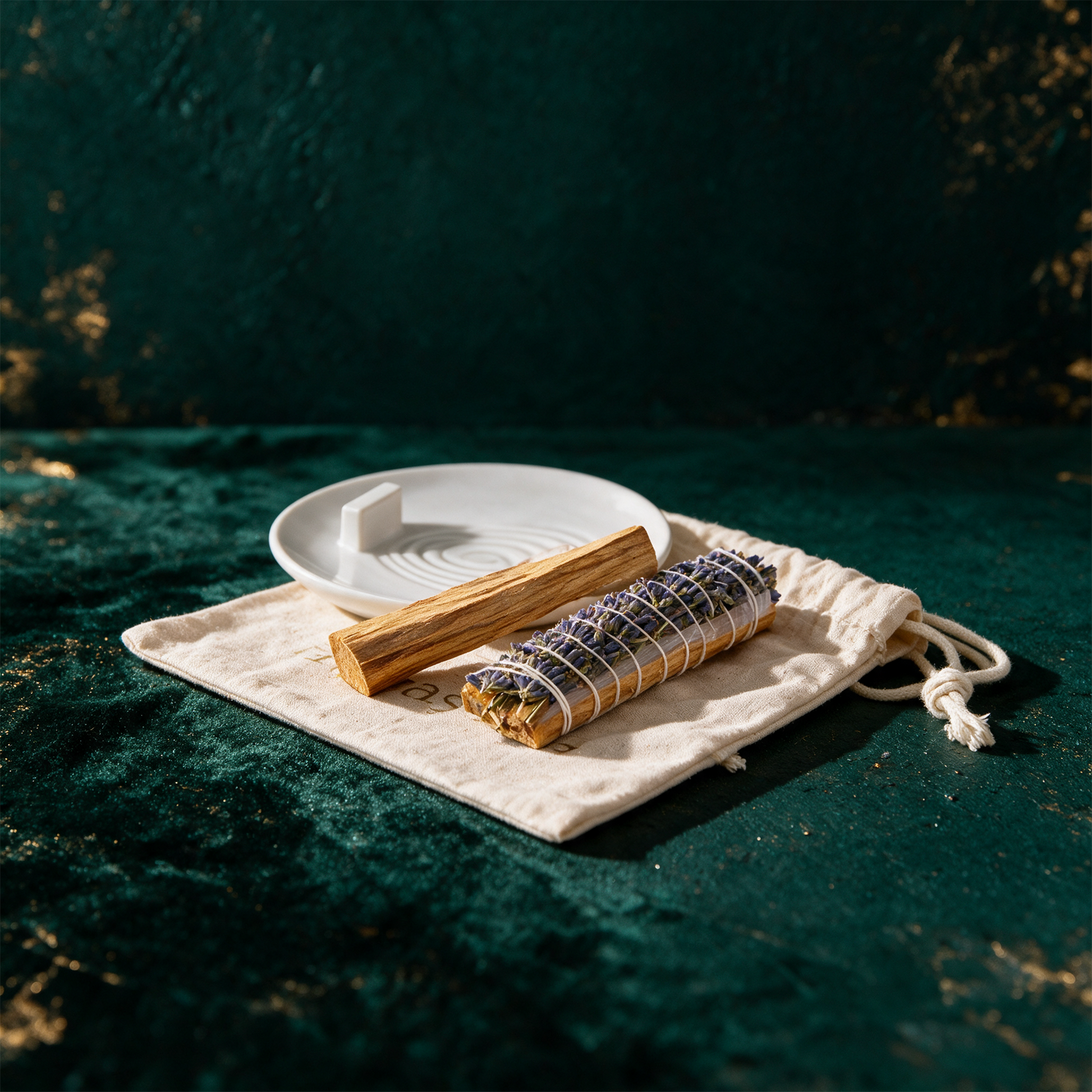 Palo Santo Set mit RÃ¤ucherschale | Starter-Set Yoga â€“ RÃ¼ckseite oder Verschlussansicht vor tiefem SmaragdgrÃ¼n