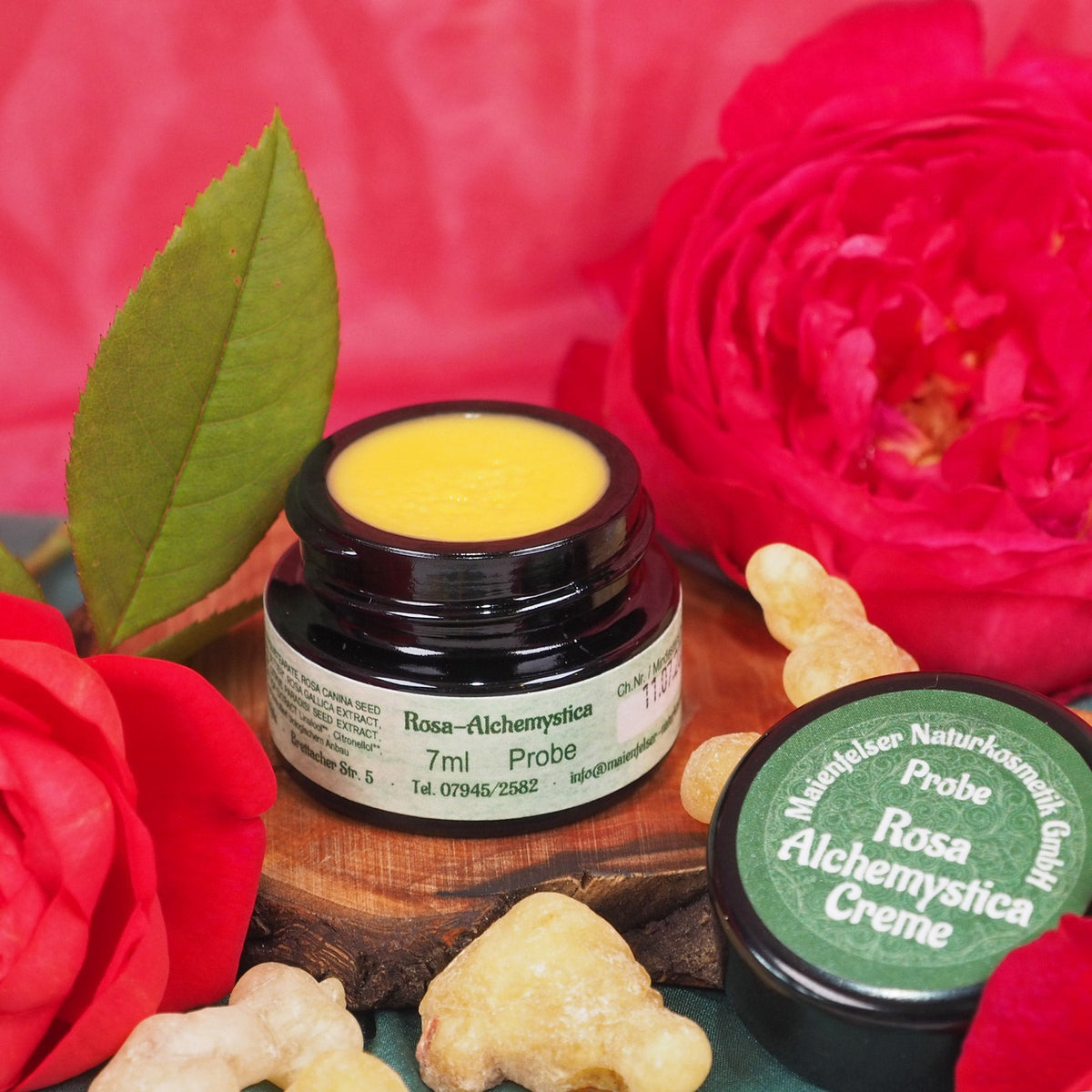 Probiergröße 7 ml der Rosa Alchemystica Creme, geöffnet, mit Deckel und Rosenblüten