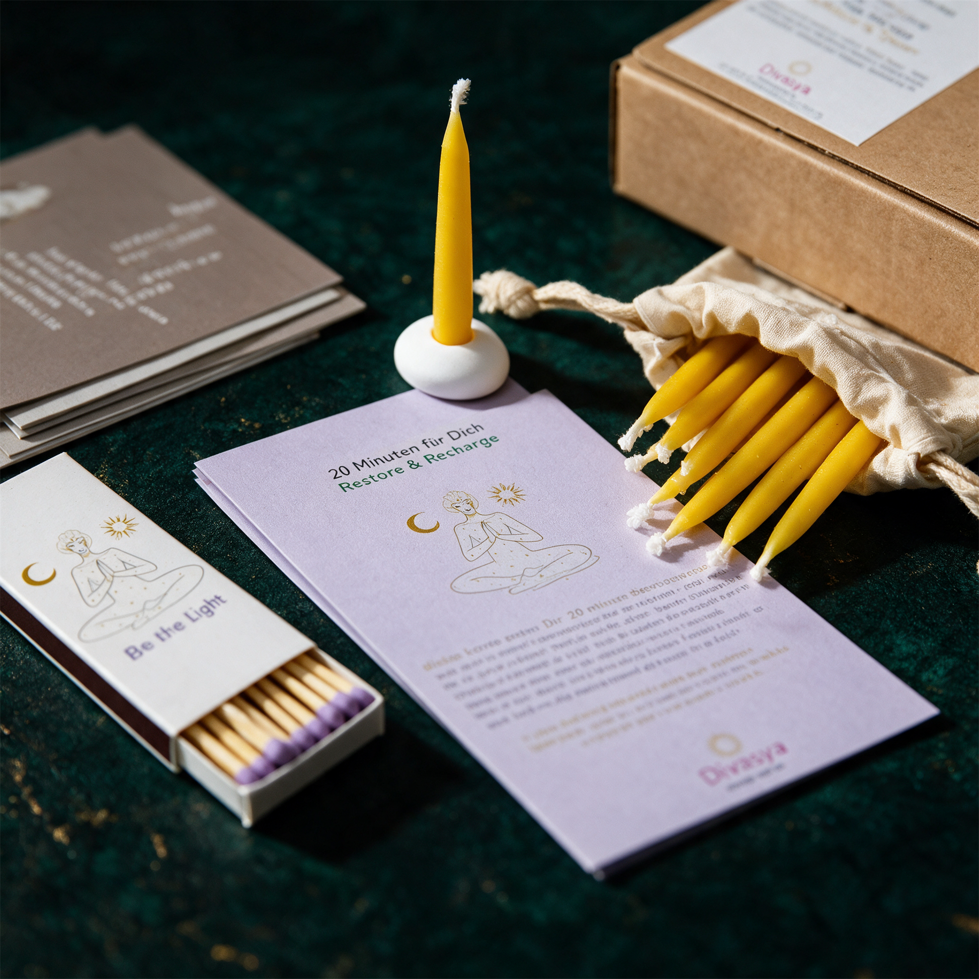 20 Minuten fÃ¼r Dich: Restore & Recharge | Ritual-Set â€“ RÃ¼ckseite oder Verschlussansicht vor tiefem SmaragdgrÃ¼n
