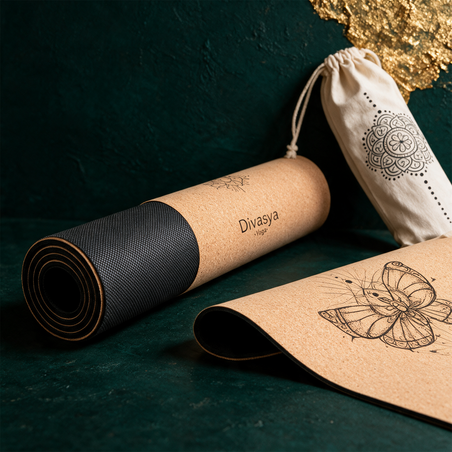 Yogamatte Kork mit SchutzhÃ¼lle | Portugal-Kork & Naturkautschuk, 8 Designs â€“ RÃ¼ckseite oder Verschlussansicht vor tiefem SmaragdgrÃ¼n