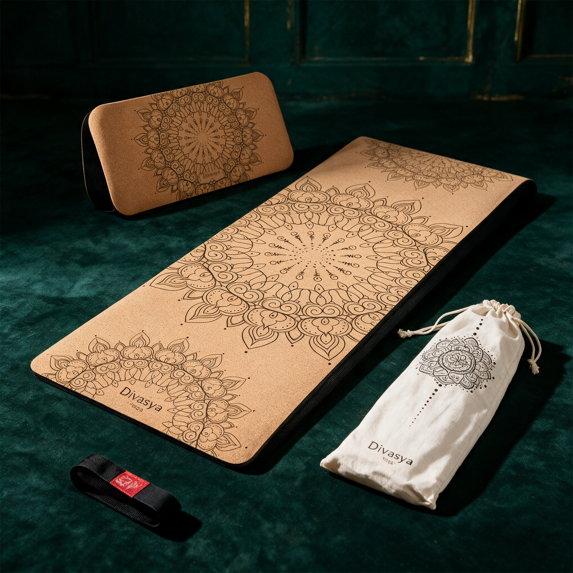 Yoga Set â€žSupportâ€œ | Kork-Yogamatte & Yoga-Pad fÃ¼r Knie und Gelenke â€“ RÃ¼ckseite oder Verschlussansicht vor tiefem SmaragdgrÃ¼n