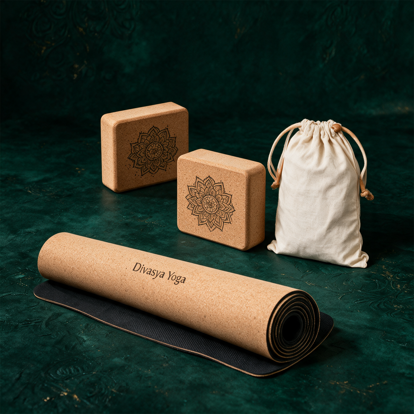 Yoga Set STARTER | Kork-Yogamatte, 2 YogablÃ¶cke, Tragegurt & SchutzhÃ¼lle â€“ RÃ¼ckseite oder Verschlussansicht vor tiefem SmaragdgrÃ¼n
