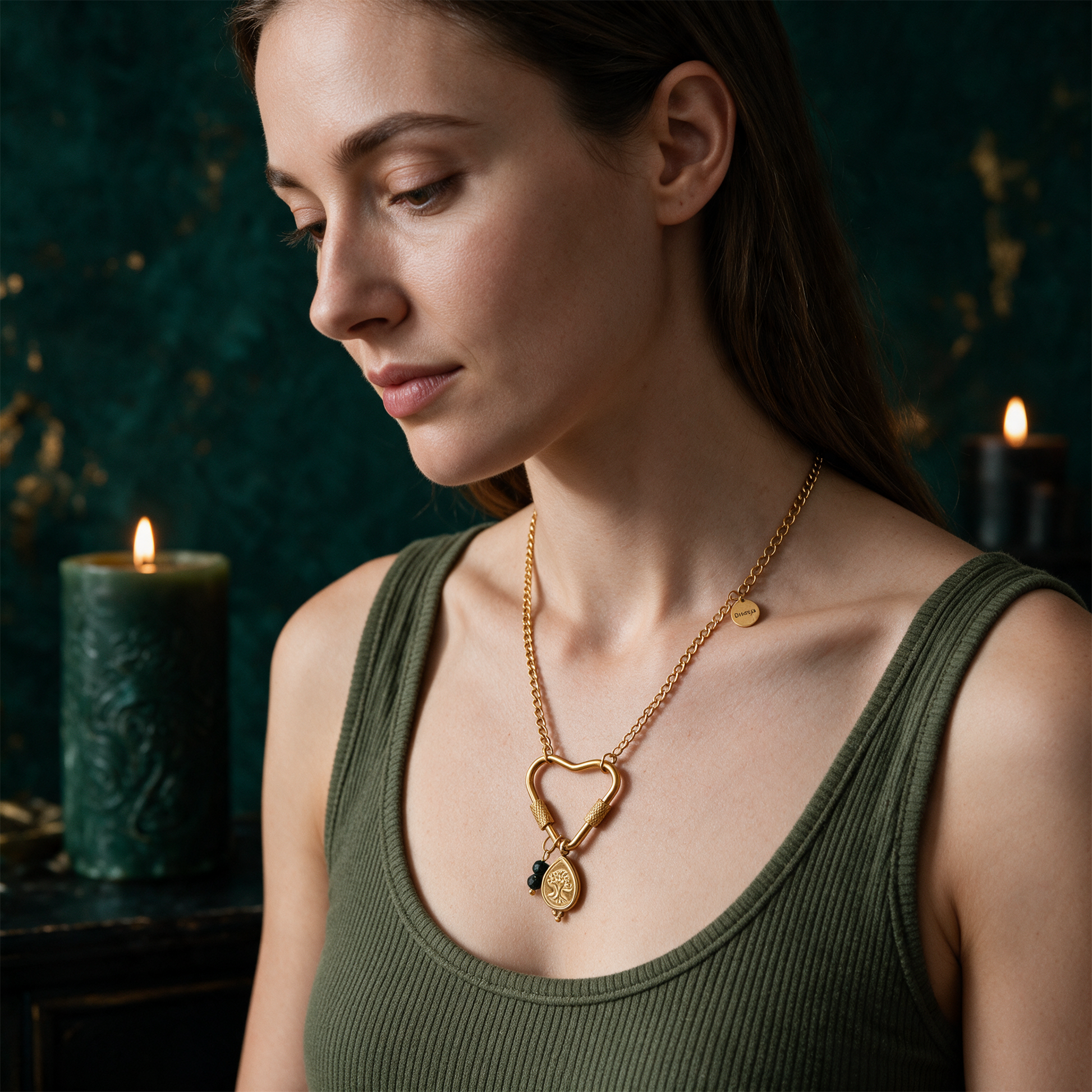 Soul Charms Grounded Soul | Vergoldete Halskette mit Lebensbaum-Anhänger – Anwendung vor tiefem Smaragdgrün