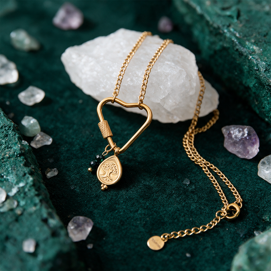 Soul Charms Grounded Soul | Vergoldete Halskette mit Lebensbaum-Anhänger – Material- und Setansicht vor tiefem Smaragdgrün