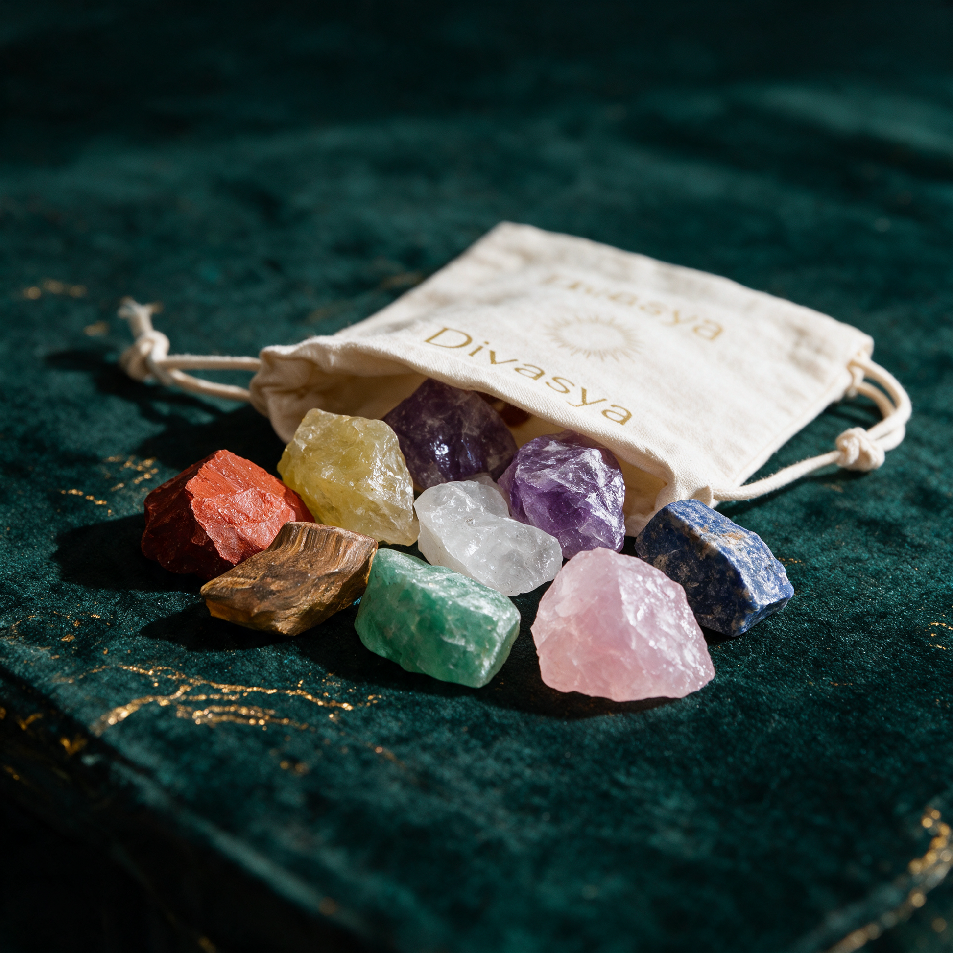 Chakra Steine Set | 8 echte Rohsteine für Meditation & Energiearbeit – Rückseite oder Verschlussansicht vor tiefem Smaragdgrün