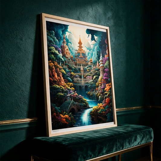 Kunstdruck Bunter Tempel im Wald | Asien-Wandkunst – alternative Produktansicht vor tiefem Smaragdgrün