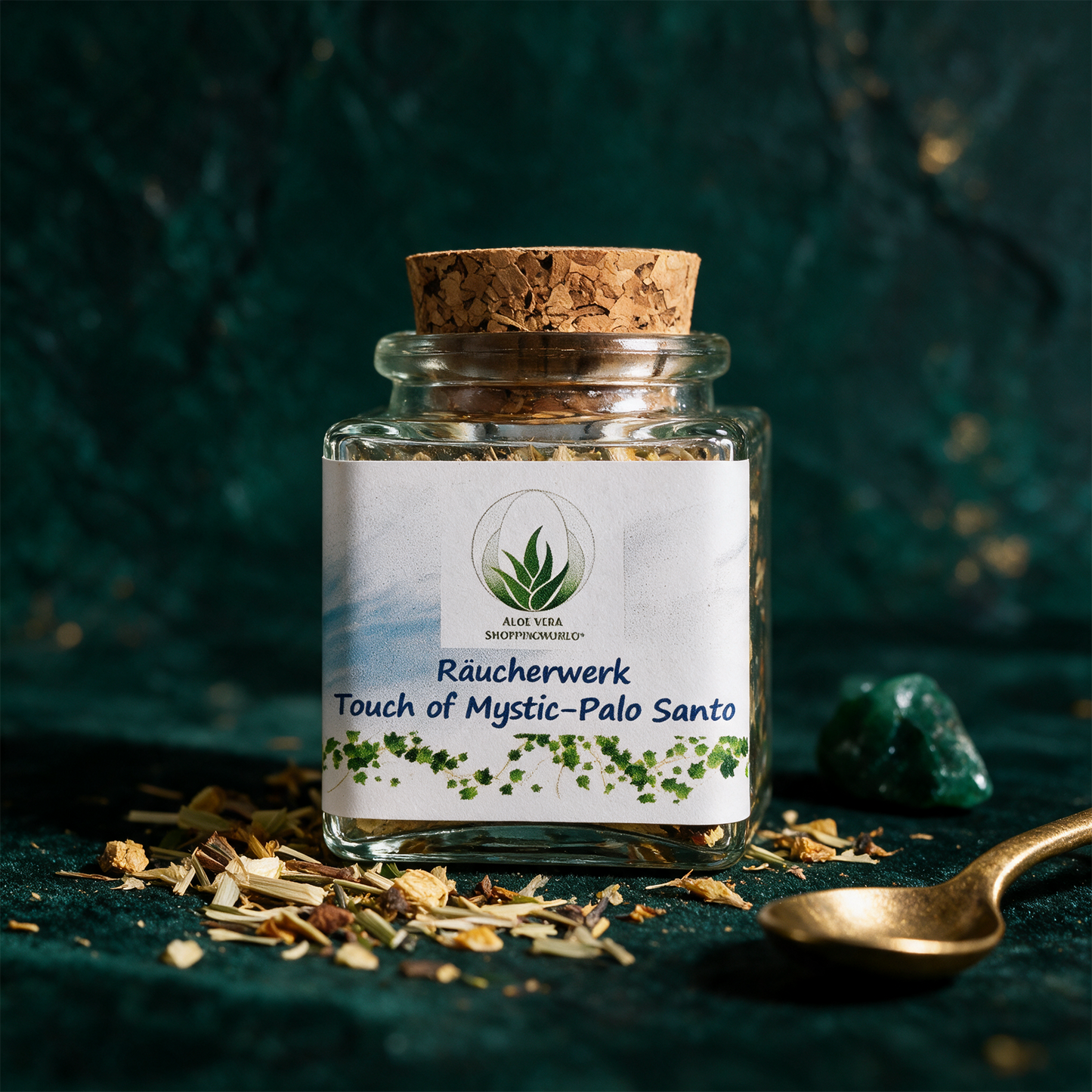 Räucherwerk "Touch of Mystic" Glas 50 ml – Anwendung vor tiefem Smaragdgrün