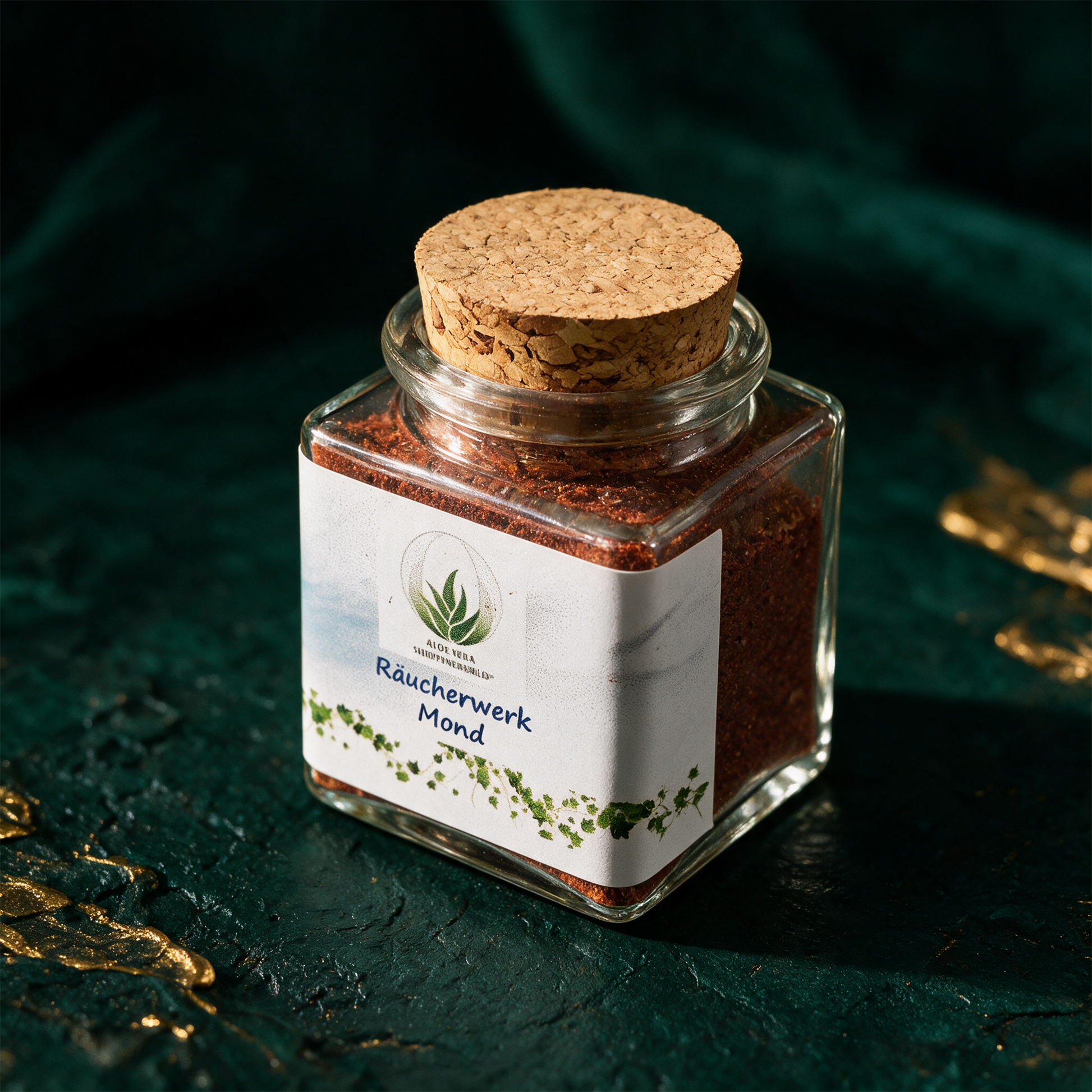 Räucherwerk "Mond" Glas 50 ml – alternative Produktansicht vor tiefem Smaragdgrün