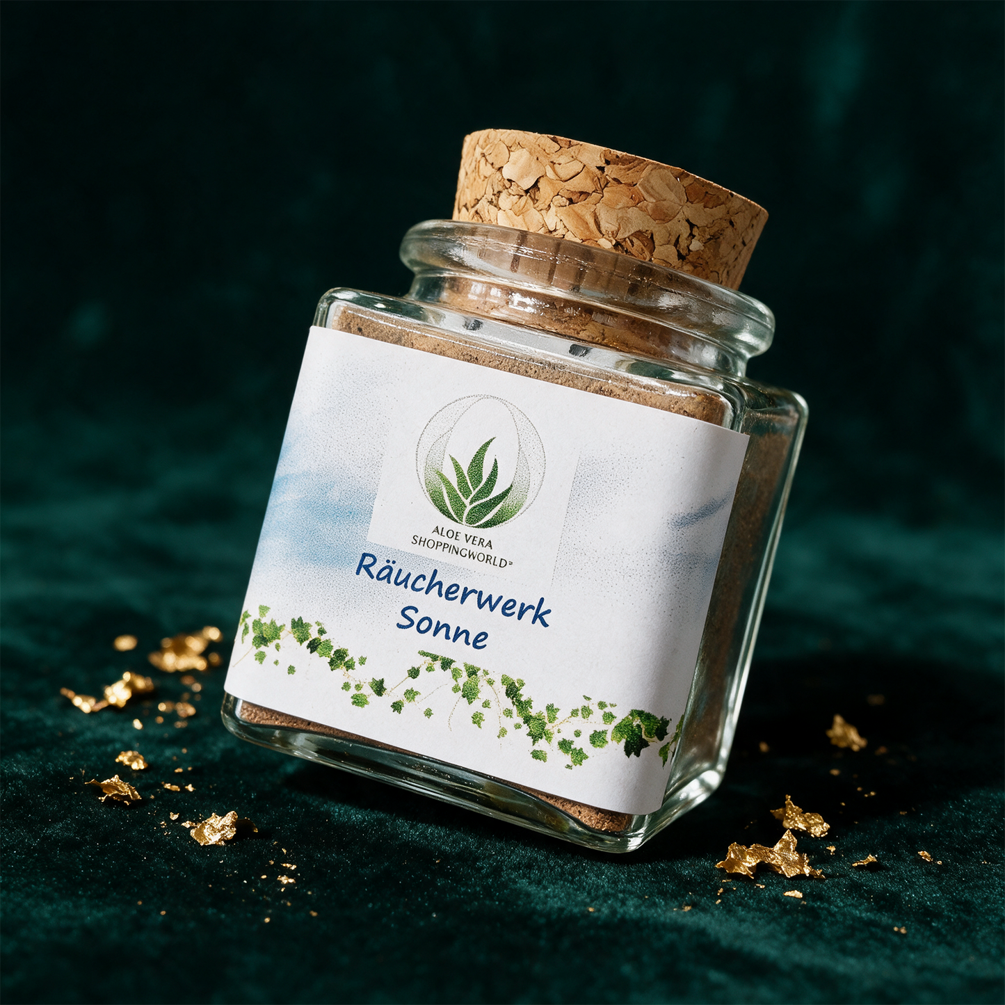 Räucherwerk "Sonne" Glas 50 ml – Produktansicht vor tiefem Smaragdgrün