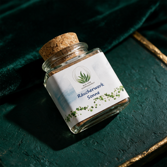 Räucherwerk "Sonne" Glas 50 ml – alternative Produktansicht vor tiefem Smaragdgrün
