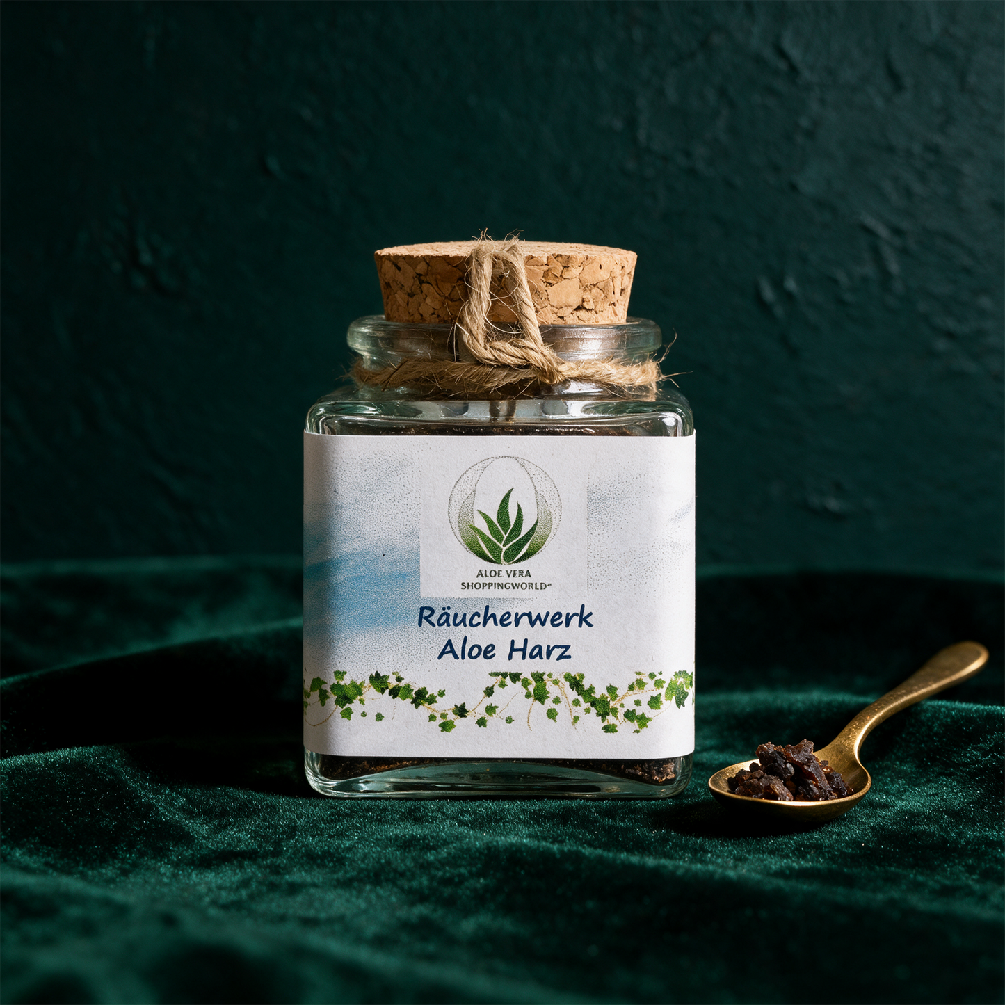 Räucherwerk "Aloe Harz" Glas 50 ml – Produktansicht vor tiefem Smaragdgrün