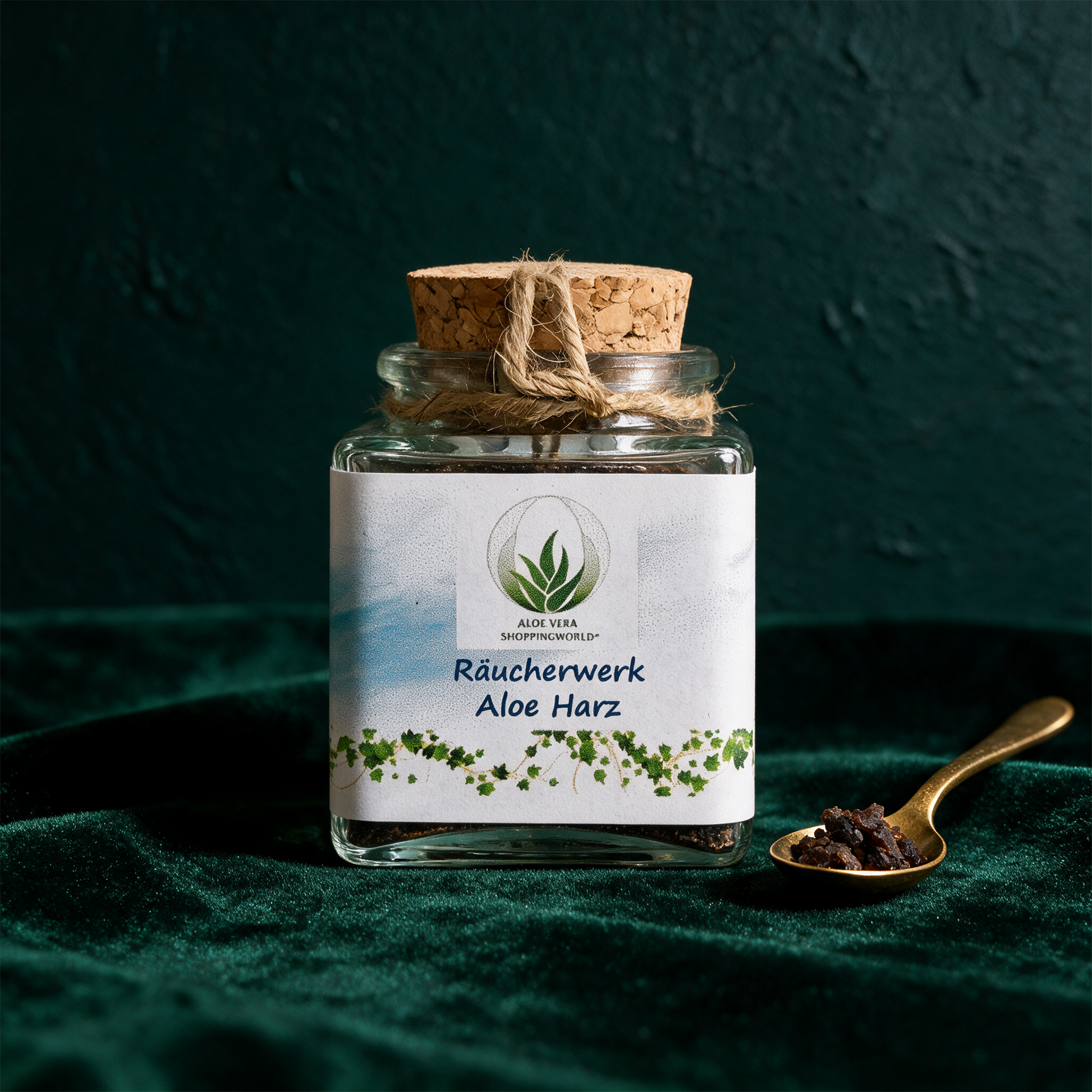 Räucherwerk "Aloe Harz" Glas 50 ml – Produktansicht vor tiefem Smaragdgrün
