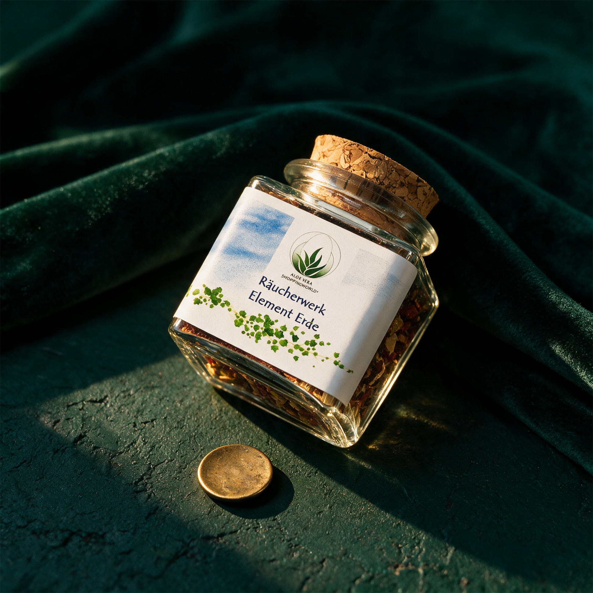 Räucherwerk "Element Erde" Glas 50 ml – alternative Produktansicht vor tiefem Smaragdgrün