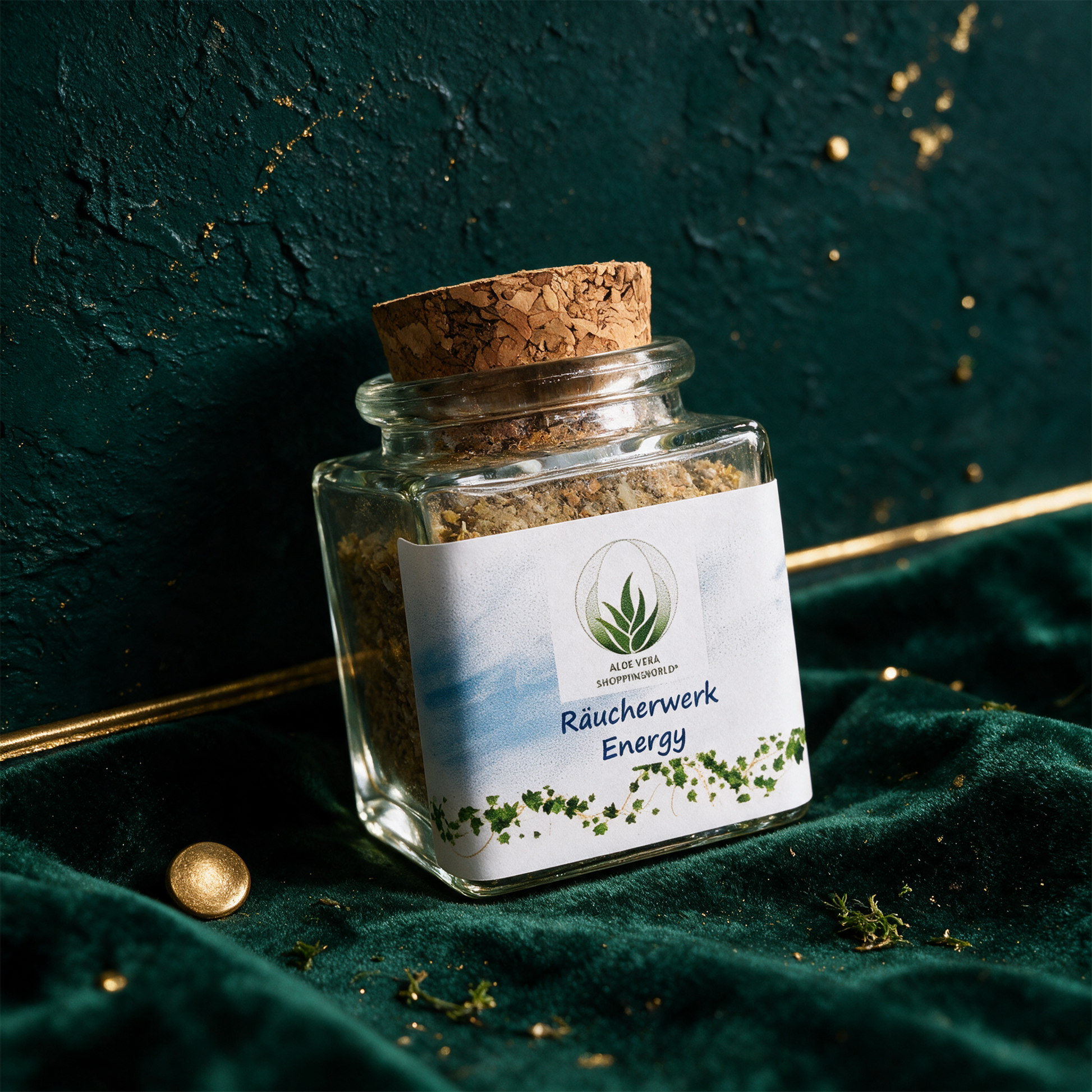 Räucherwerk "Energy" Glas 50 ml – alternative Produktansicht vor tiefem Smaragdgrün