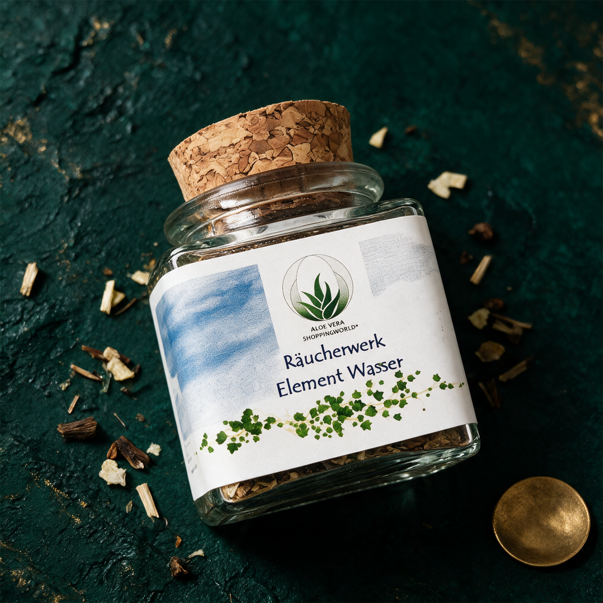 Räucherwerk "Element Wasser" Glas 50 ml – Produktansicht vor tiefem Smaragdgrün