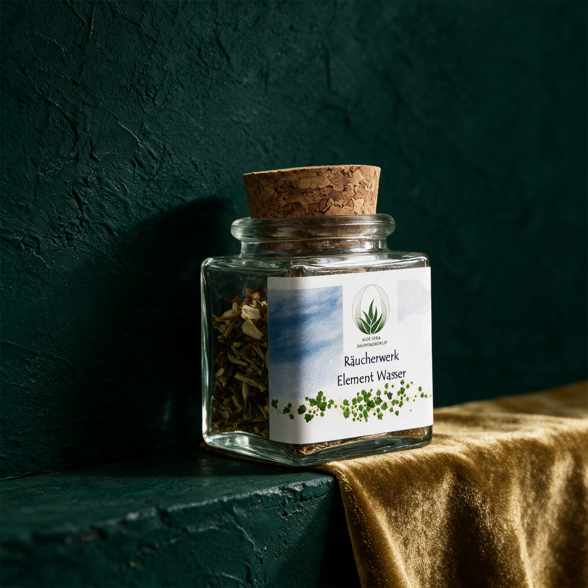 Räucherwerk "Element Wasser" Glas 50 ml – alternative Produktansicht vor tiefem Smaragdgrün