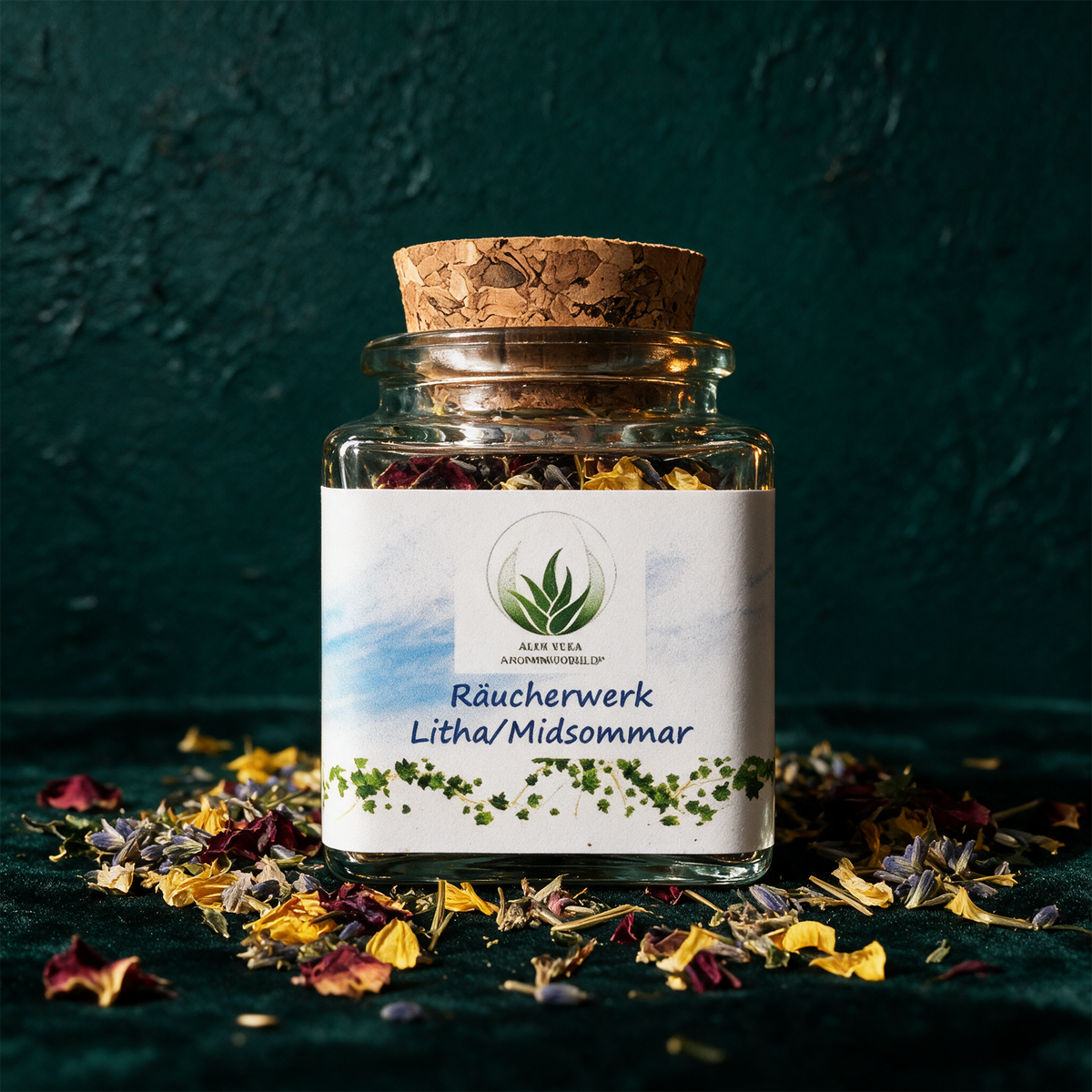 Räucherwerk "Litha/Midsommar" Glas 50 ml – Produktansicht vor tiefem Smaragdgrün