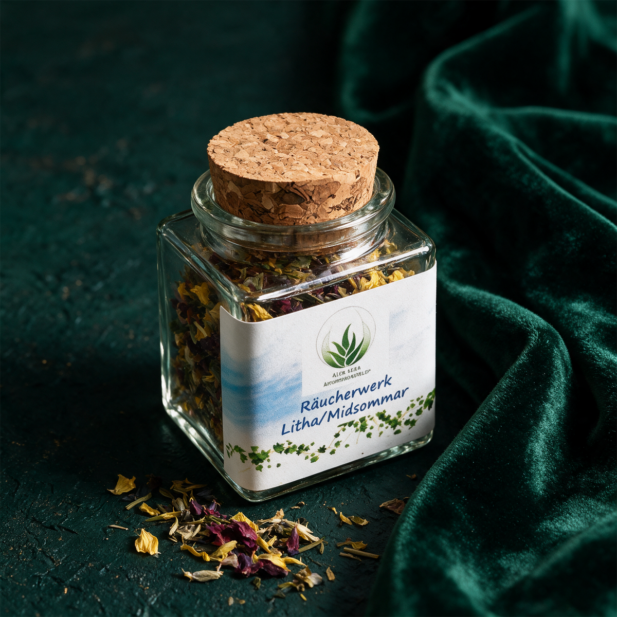 Räucherwerk "Litha/Midsommar" Glas 50 ml – alternative Produktansicht vor tiefem Smaragdgrün