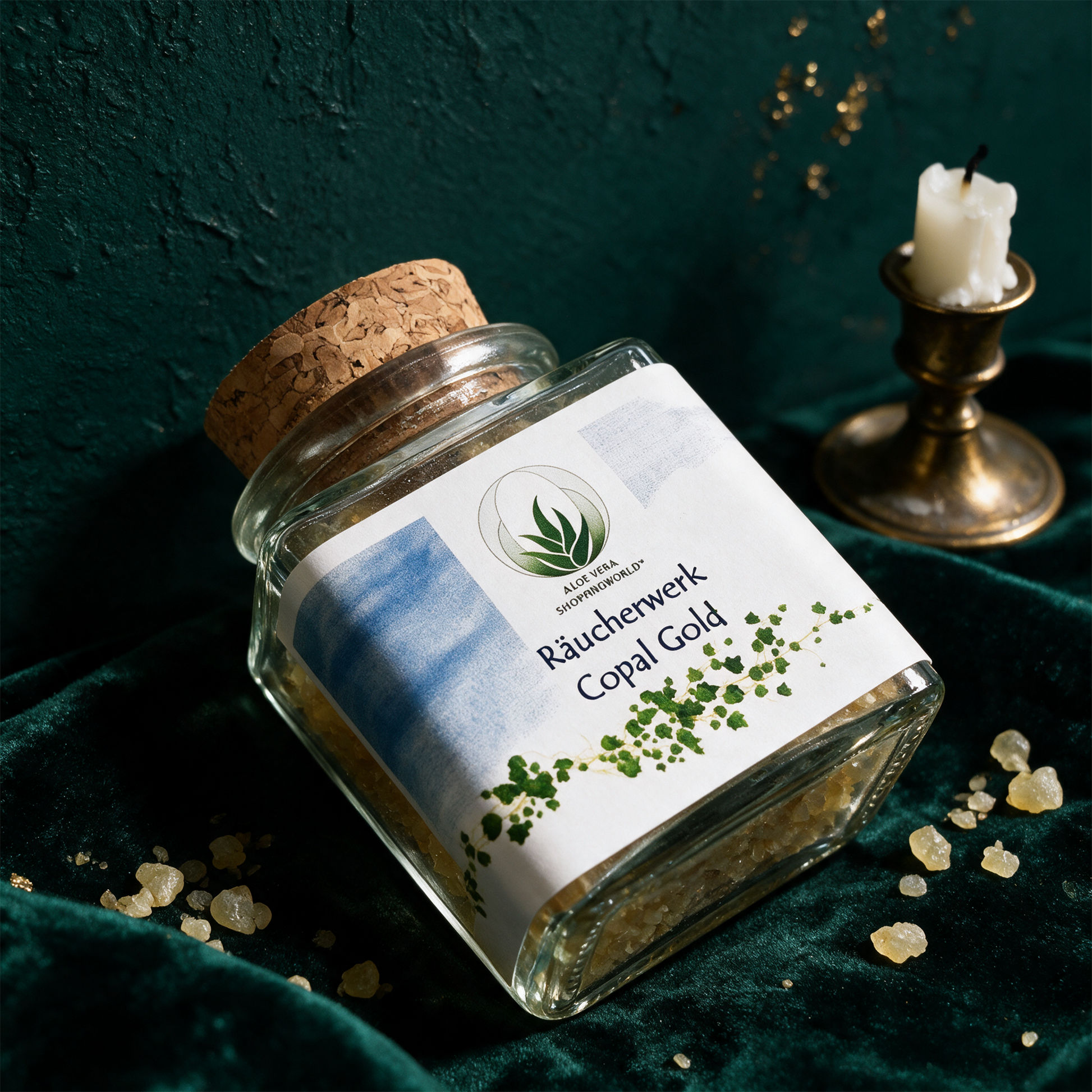 Räucherwerk "Copal Gold" Glas 50 ml – alternative Produktansicht vor tiefem Smaragdgrün