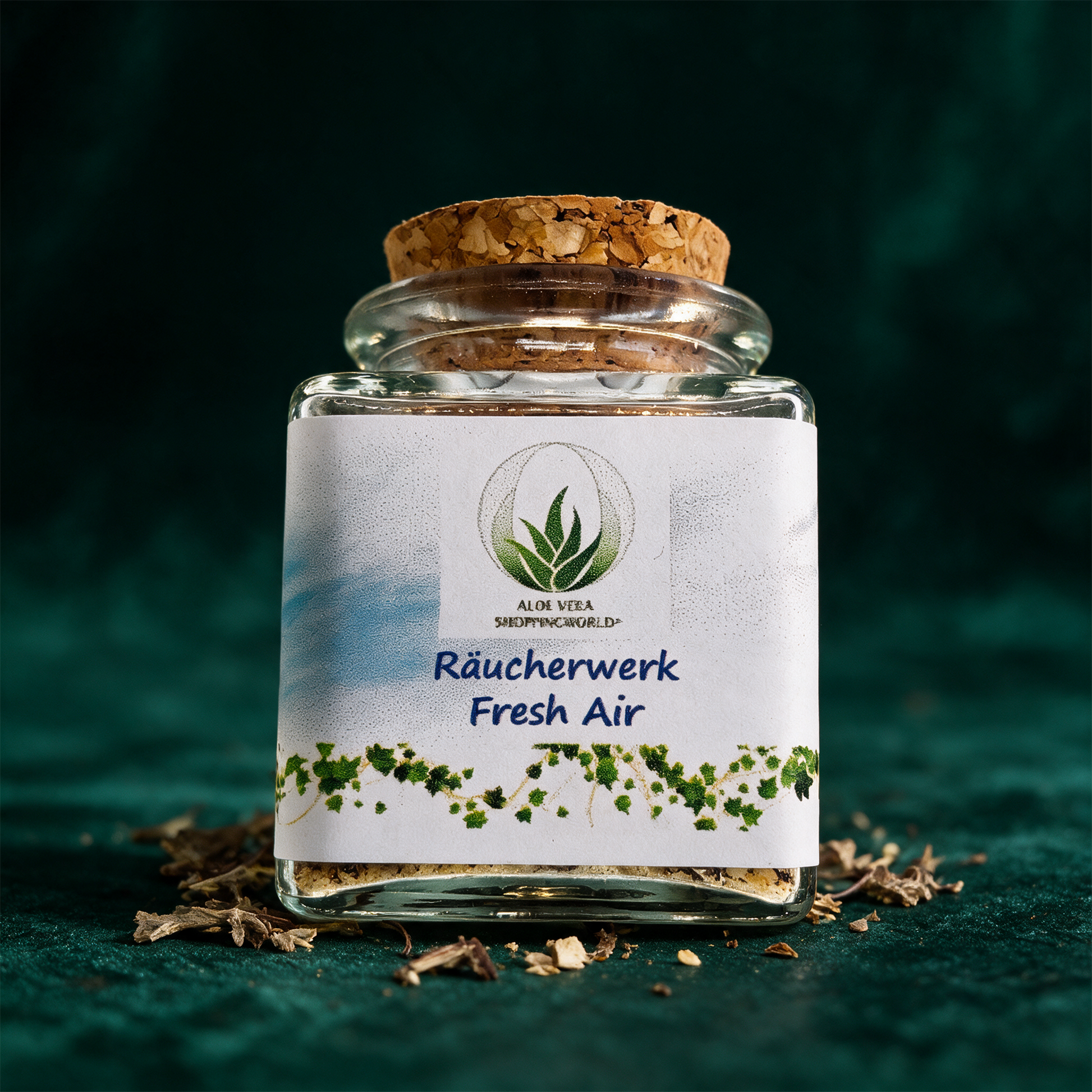 Räucherwerk "Fresh Air" Glas 50 ml – Produktansicht vor tiefem Smaragdgrün