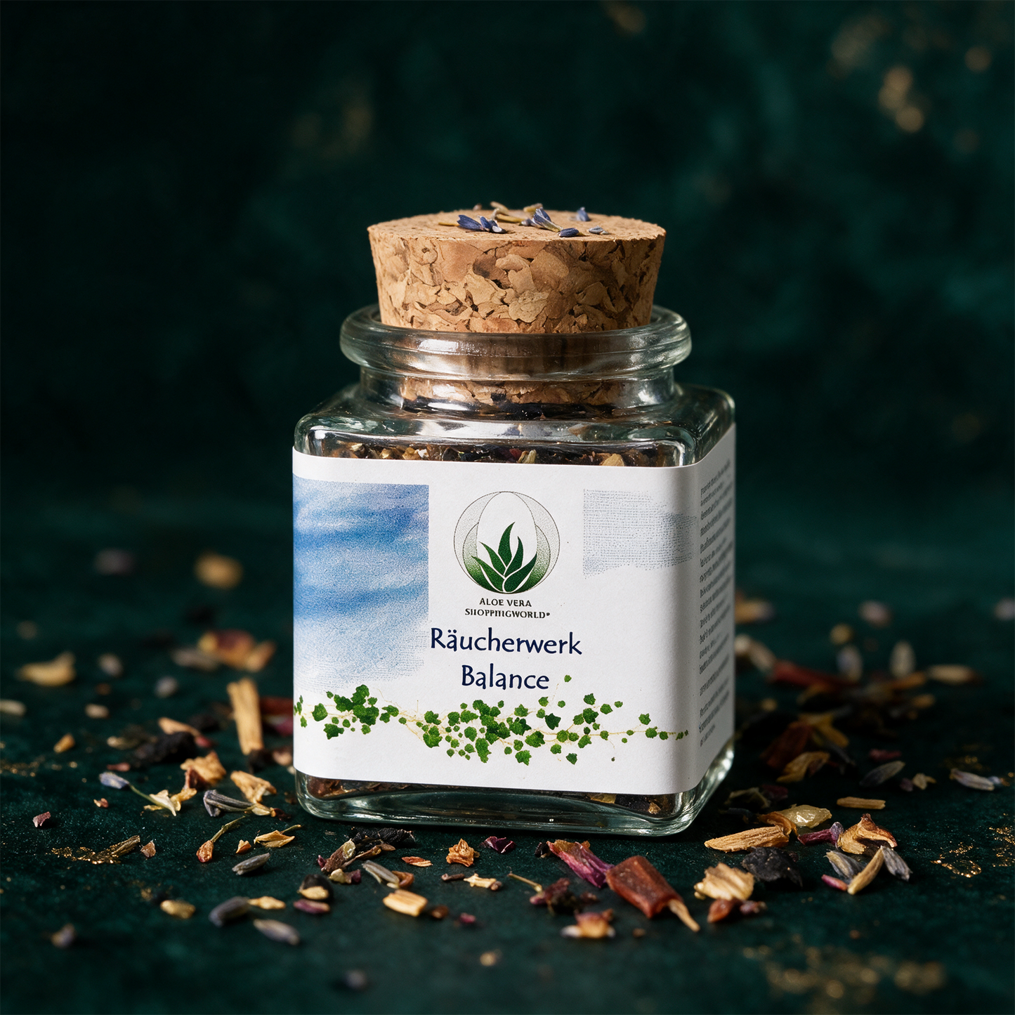 Räucherwerk "Balance" Glas 50 ml – Produktansicht vor tiefem Smaragdgrün