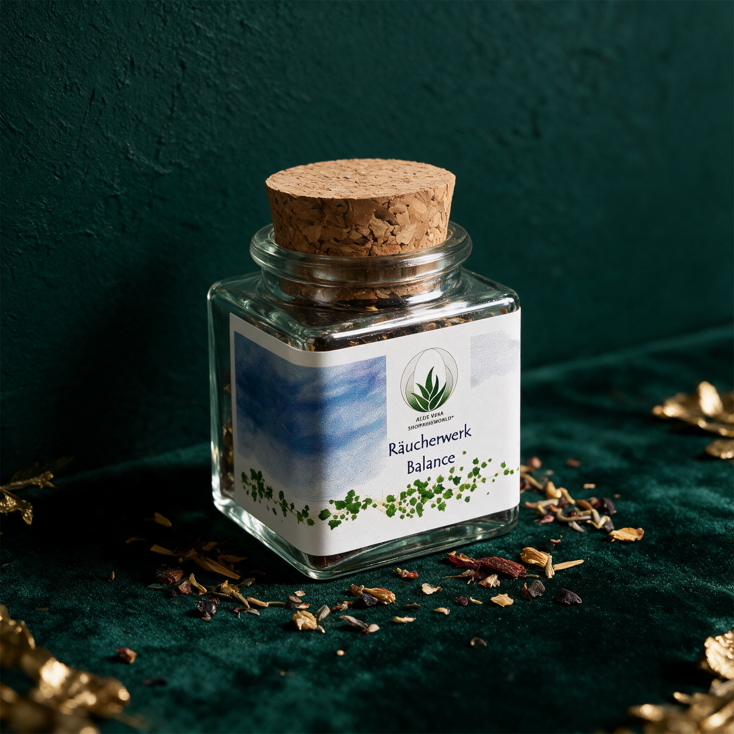 Räucherwerk "Balance" Glas 50 ml – alternative Produktansicht vor tiefem Smaragdgrün