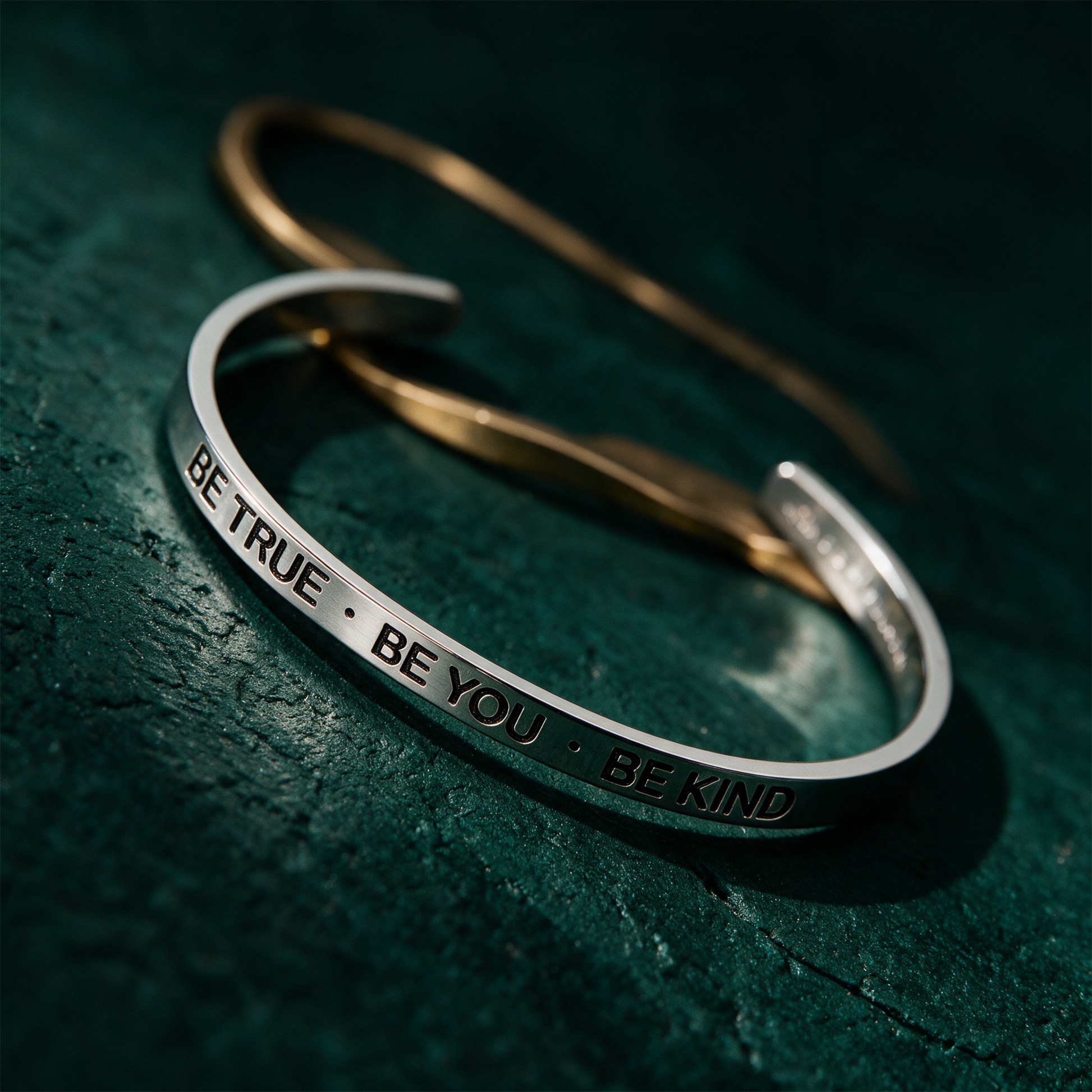 Armreif mit Gravur | Silber | "Be true - be you - be kind" – alternative Produktansicht vor tiefem Smaragdgrün