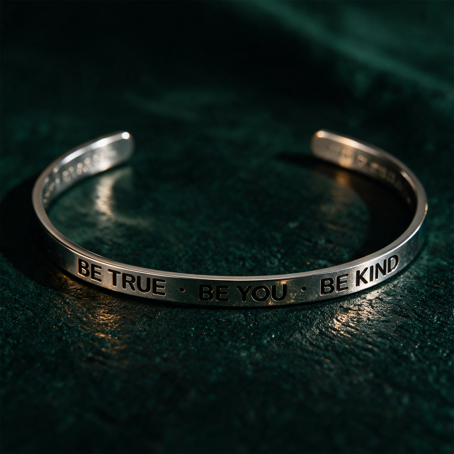 Armreif mit Gravur | Silber | "Be true - be you - be kind" – Detailansicht vor tiefem Smaragdgrün